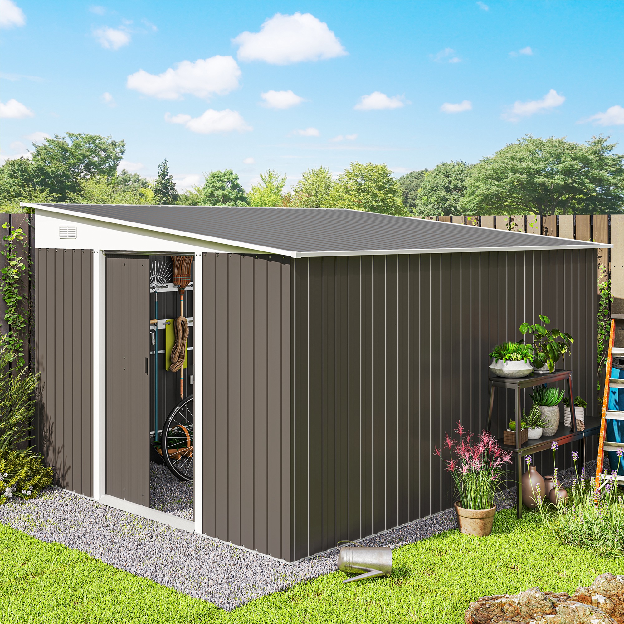 Outsunny Metalen tuinhuisje, Dubbele Vergrendelbare schuifdeur, 2 ventilatiesleuven, Verzinkt Robuust Staal, 2.8x3.45x2.01m, Grijs | Aosom.nl
