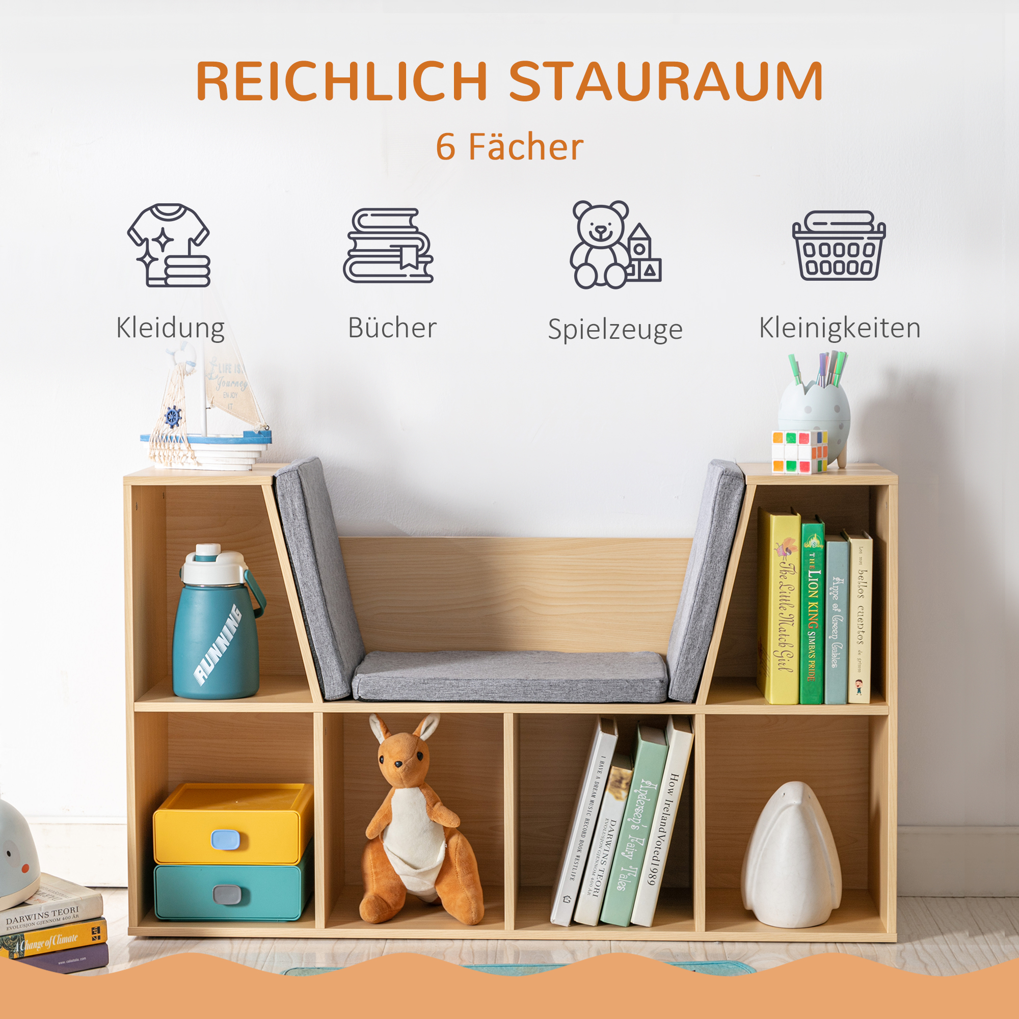 2-ühes laste riiul + pink koos padjaga, 103 cm × 30 cm × 62 cm, valge + hall