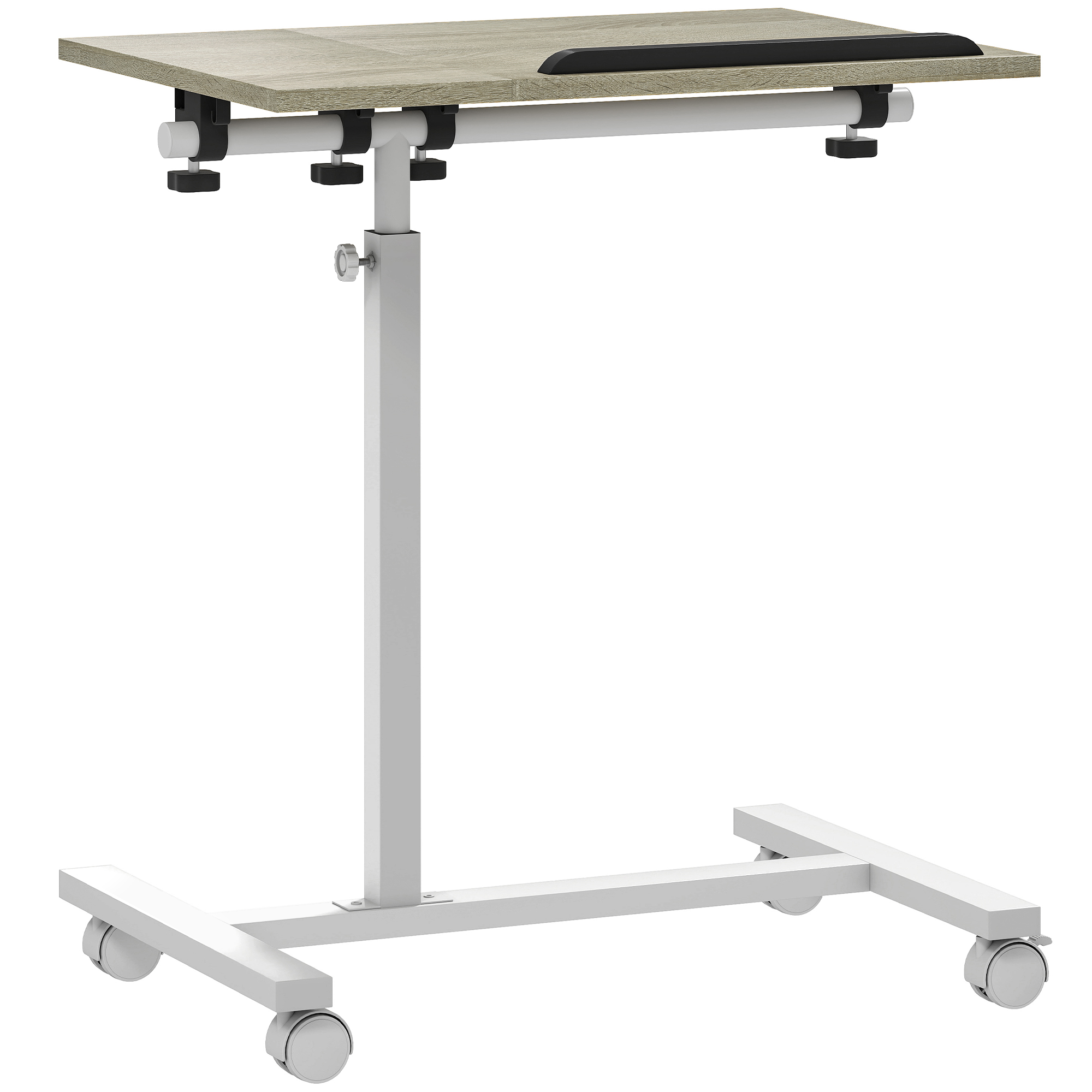 HOMCOM Mesa Auxiliar com Rodas Altura Ajustável Superfície Inclinável e Estrutura de Metal 57x40x67,5-101 cm Carvalho e Branco Aosom Portugal