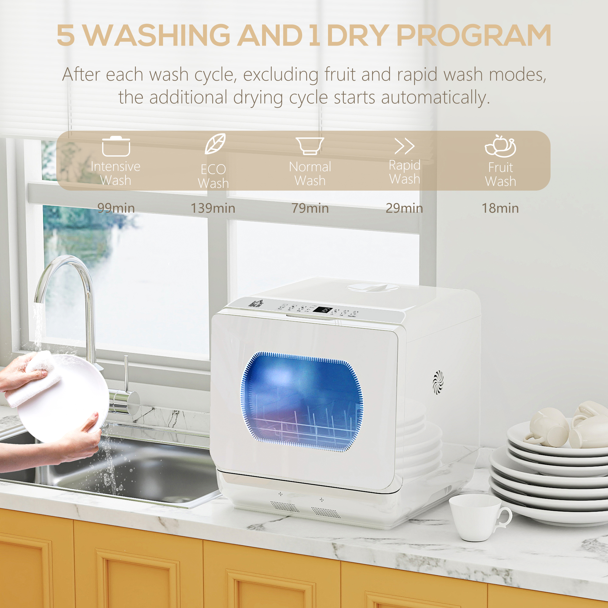 HOMCOM Table Top Dishwasher with Built-in 6L Water Tank, Mini Countertop Dishwasher with 6 Programs, 4 Place Settings, White 5