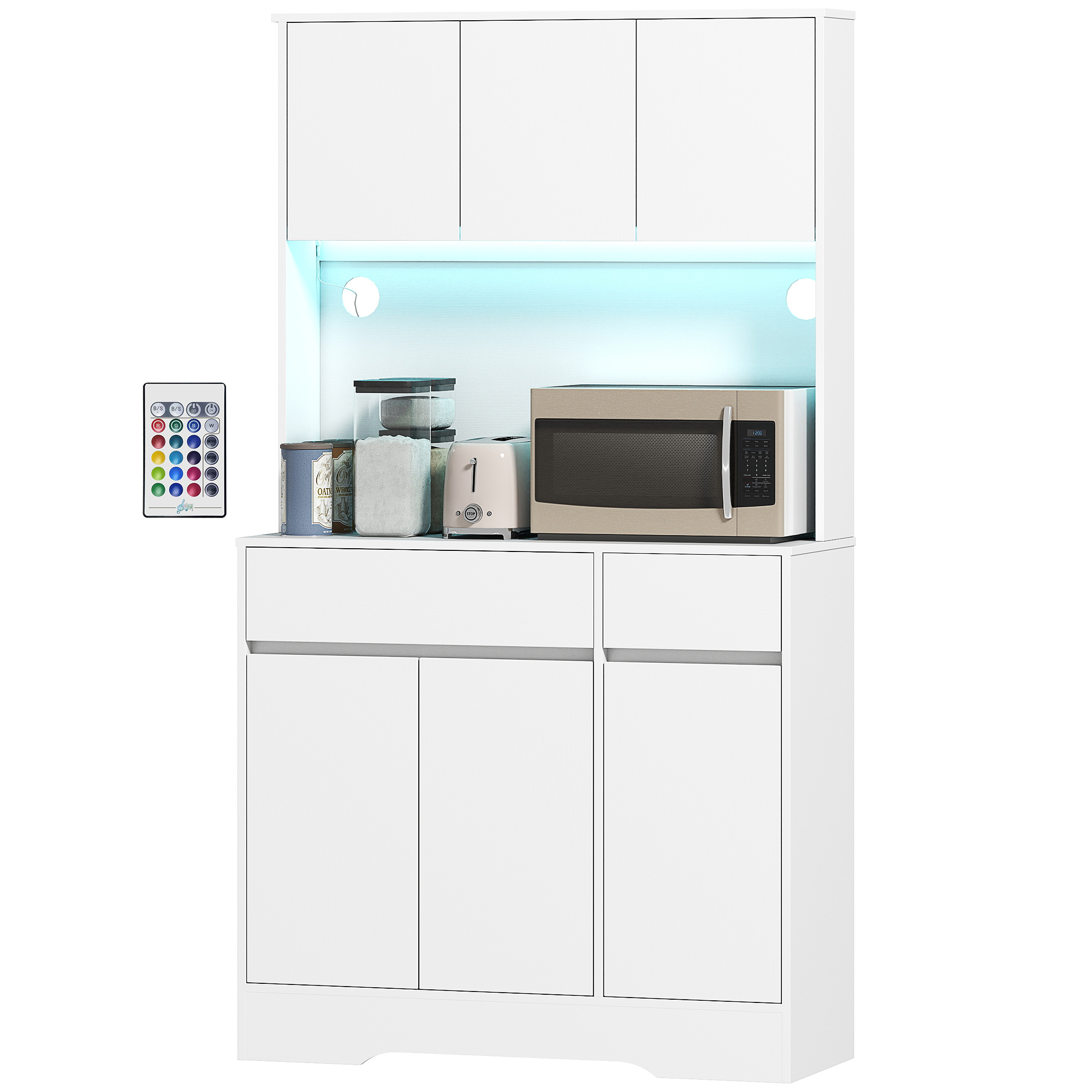 HOMCOM Küchenbuffet mit RGB-LED-Licht, hochwertiges Küchenmöbel, Aufbewahrungsmöbel mit Arbeitsplatte, 6 Türen, 2 Schubladen, verstellbaren Regalen und Fernbedienung, 100x38x180cm, Weiß Aosom