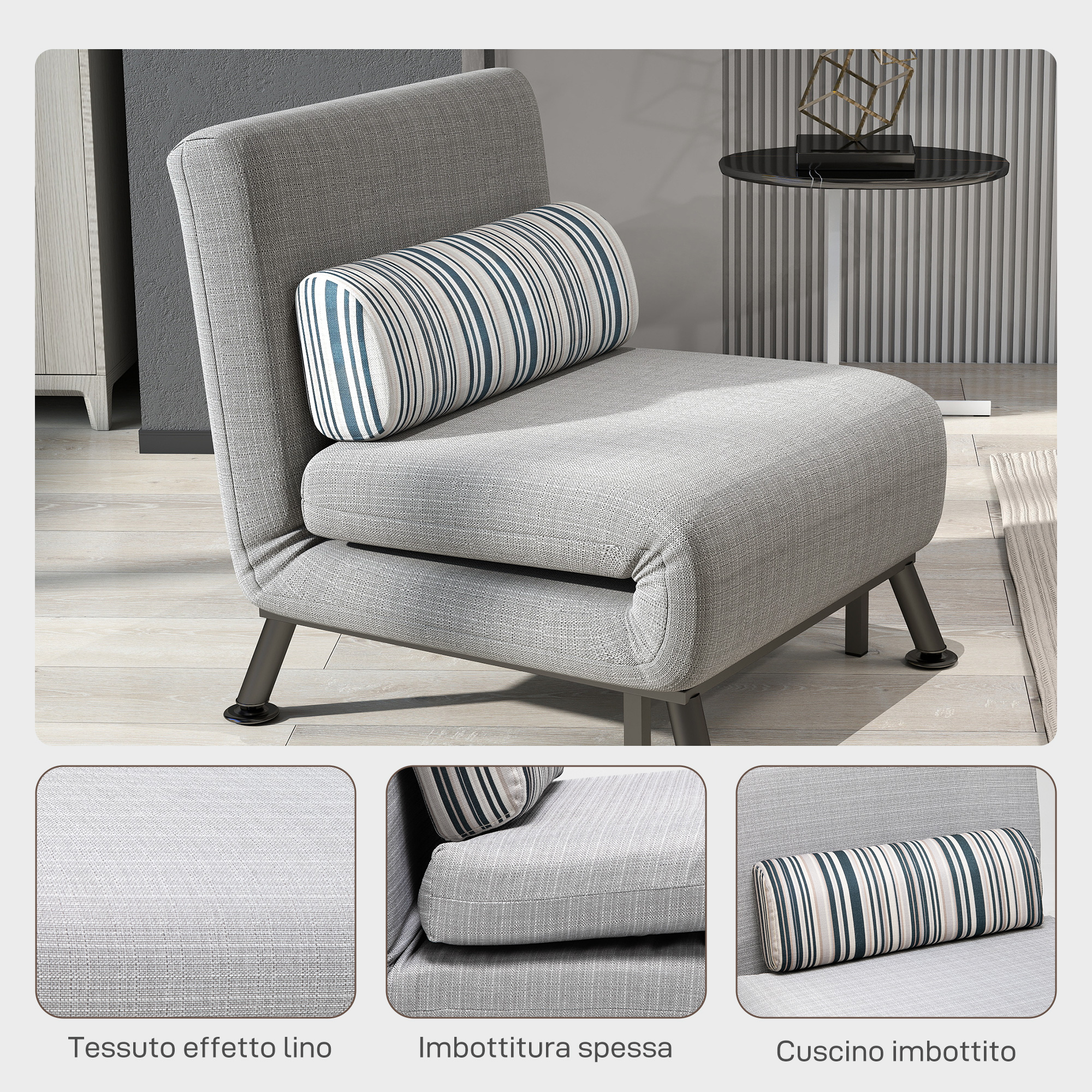 Poltrona Moderna HOMCOM Con 2 Cuscini In Lino - Gambe In Legno Di Pino, Grigio E Legno, 64x70x72 Cm