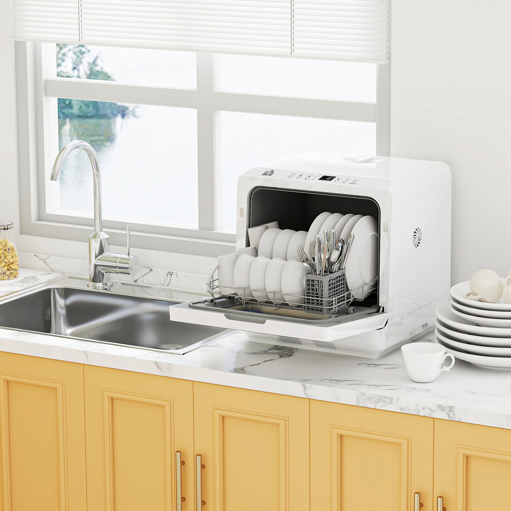 HOMCOM Table Top Dishwasher with Built-in 6L Water Tank, Mini Countertop Dishwasher with 6 Programs, 4 Place Settings, White 9