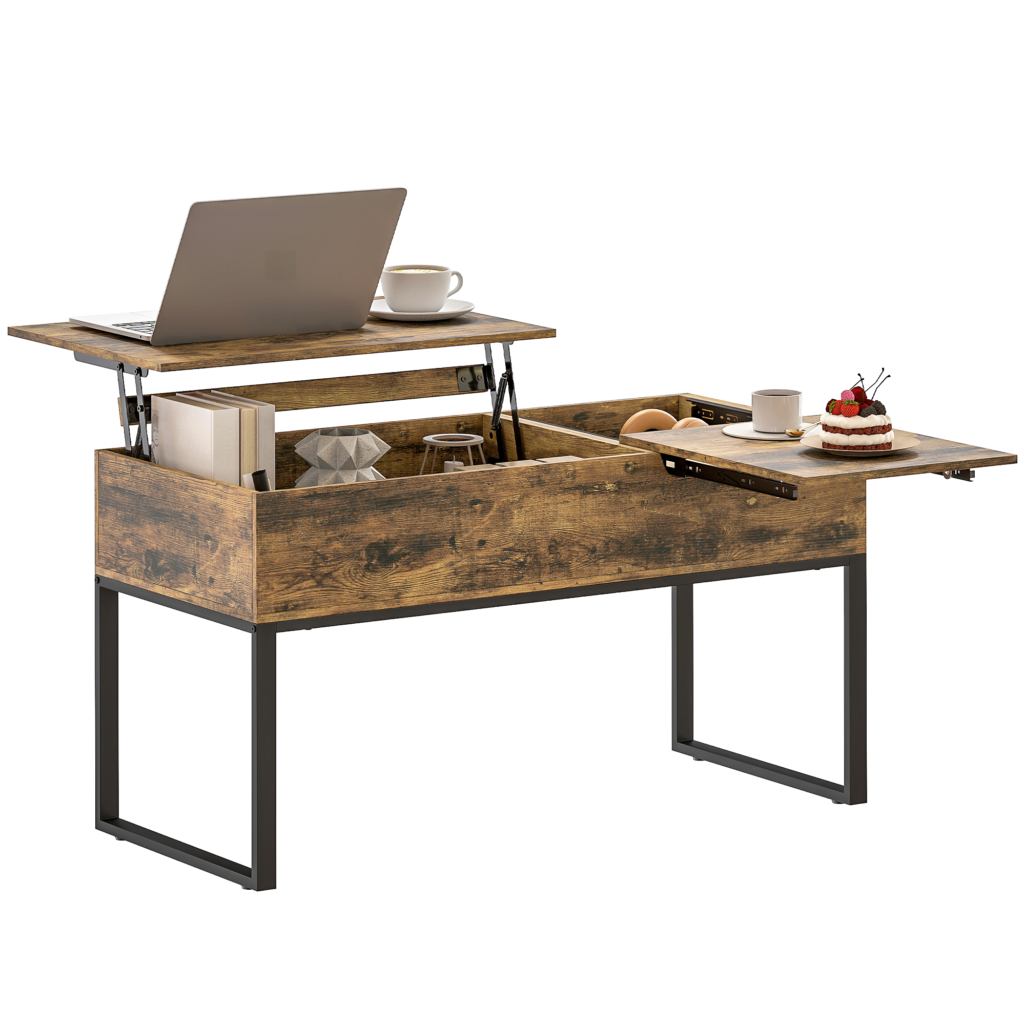 Table Basse Relevable avec Dessus Coulissant Fermeture Douce Espace Caché de Rangement Marron Rustique
