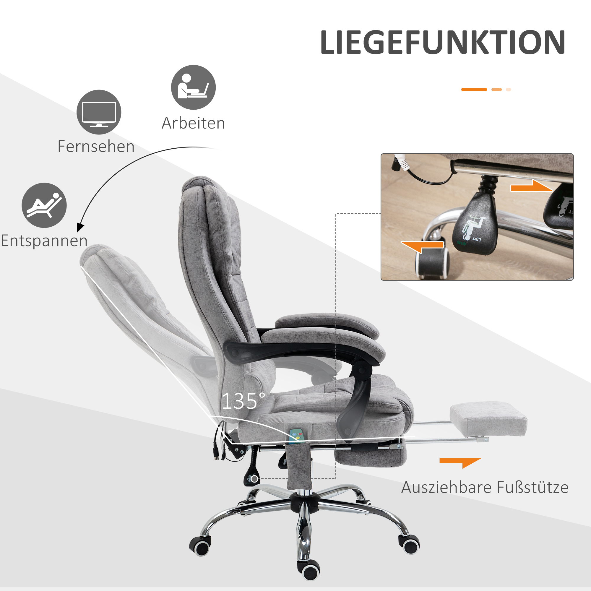 Kontoritool massaažifunktsiooniga, ergonoomiline lauatool lamamis- ja soojendusfunktsiooniga, puldiga, hall