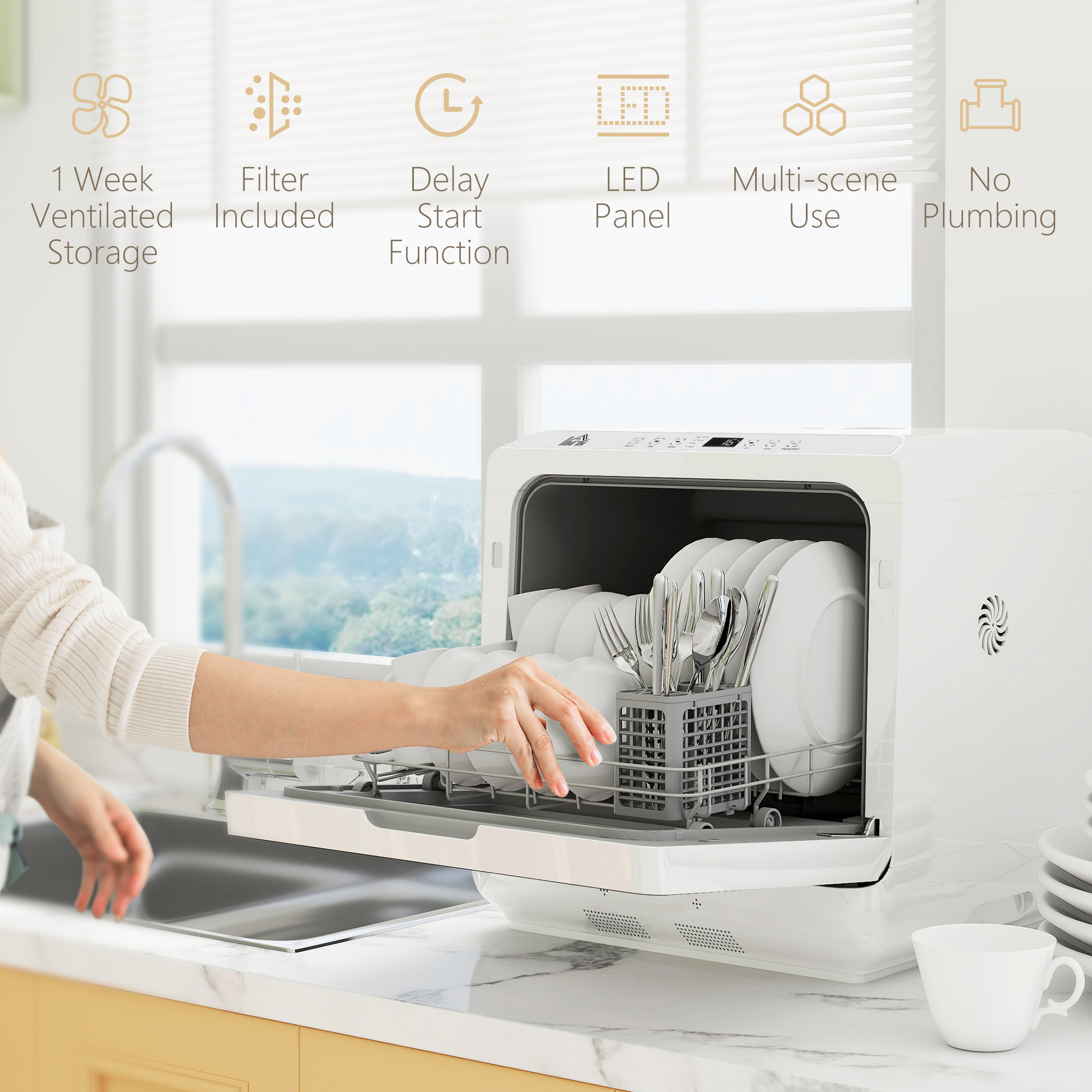 HOMCOM Table Top Dishwasher with Built-in 6L Water Tank, Mini Countertop Dishwasher with 6 Programs, 4 Place Settings, White 8