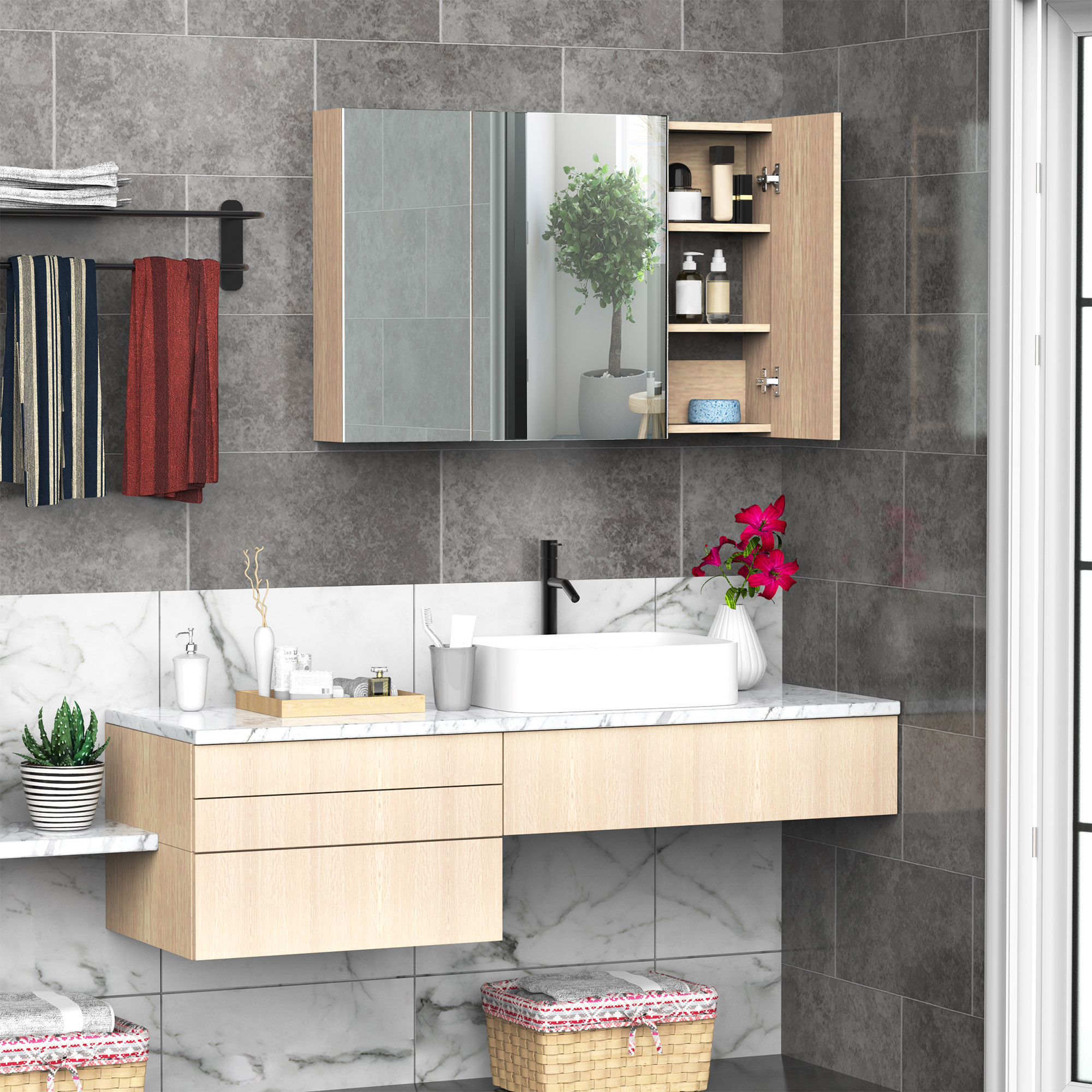 Armoire Miroir Salle De Bain Kleankin - Porte Alu, Cadre Acier, 1 Miroir + 2 Étages - 40x12x60 Cm - Noir