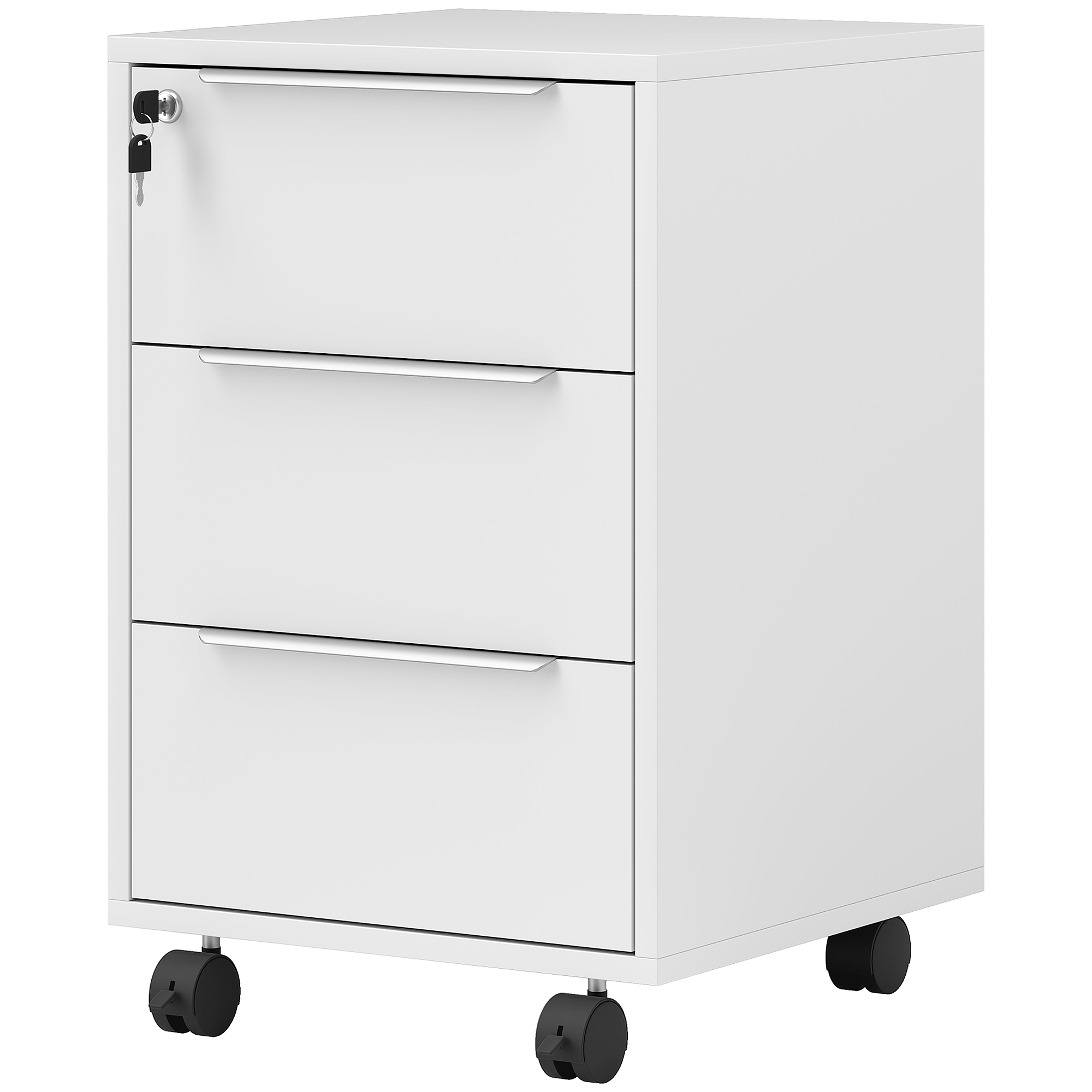 HOMCOM Bürocontainer mit 3 Schubladen Büromöbel mit Rollen Schloss und 2 Schlüssel Mobiler Aktenschrank für Studium Wohnzimmer 40x40x63,5 cm Weiß Aosom