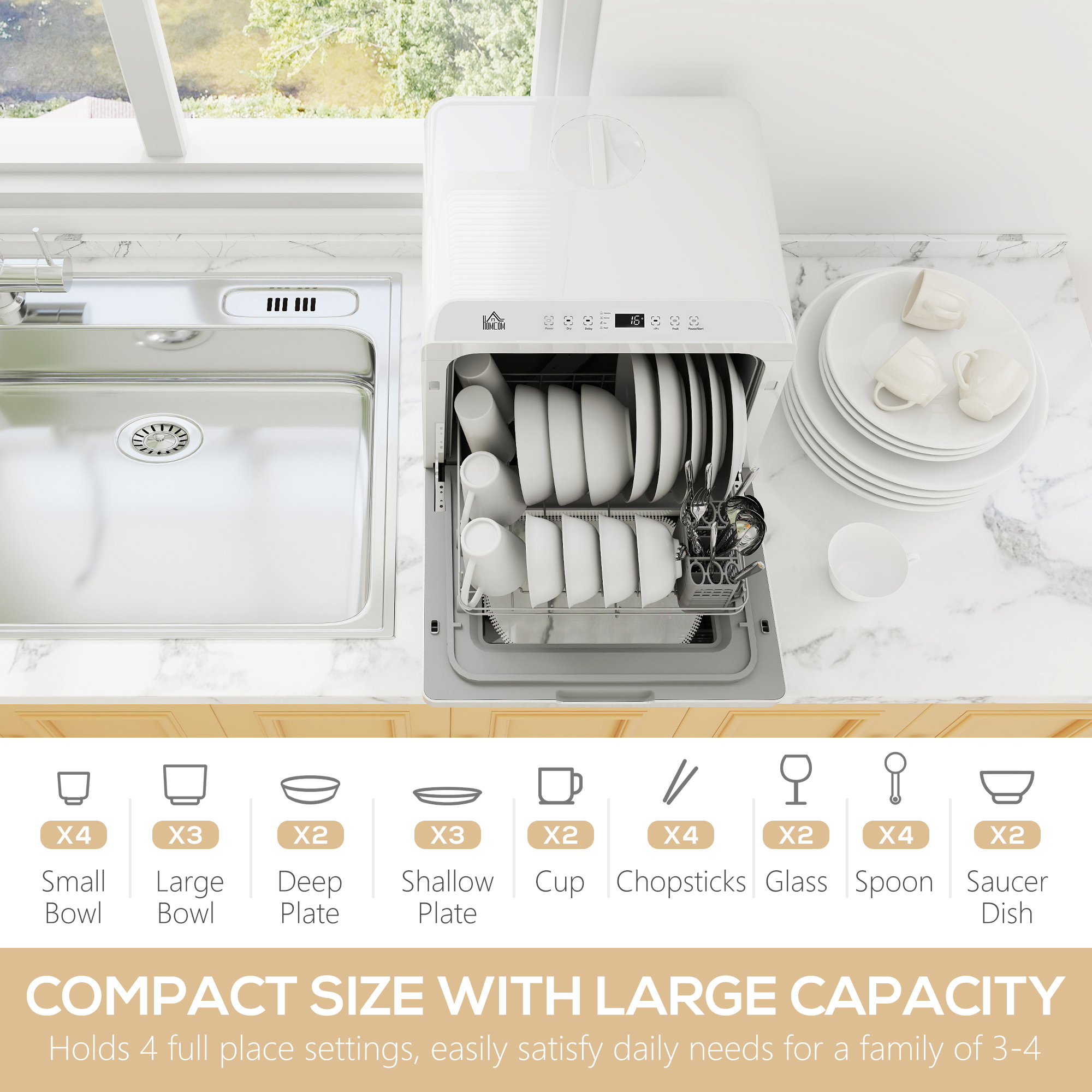 HOMCOM Table Top Dishwasher with Built-in 6L Water Tank, Mini Countertop Dishwasher with 6 Programs, 4 Place Settings, White 4