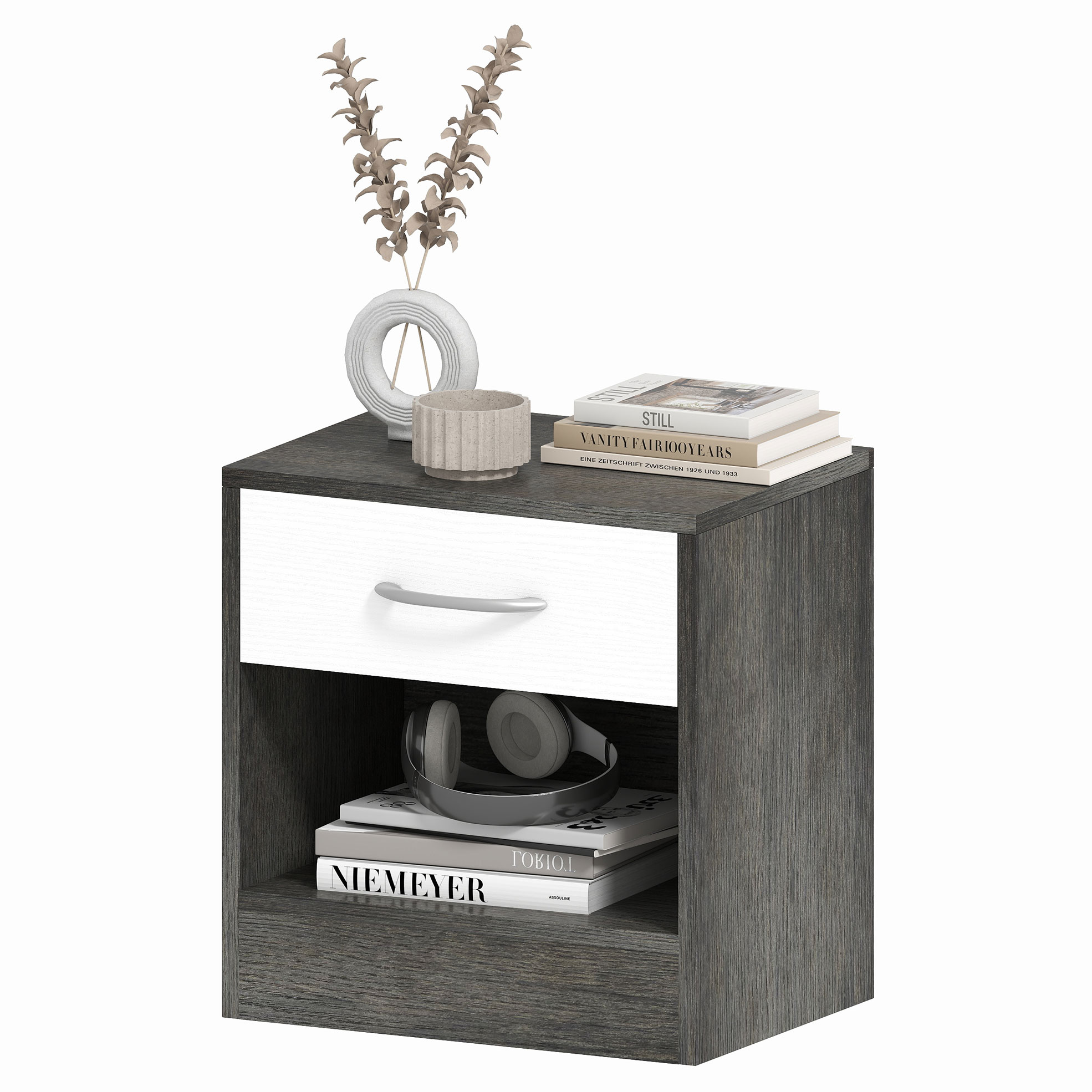 HOMCOM Table de Chevet Moderne avec Étagère Ouverte et Tiroir, en Bois, 39x28x41 cm, Blanc et Gris Foncé
