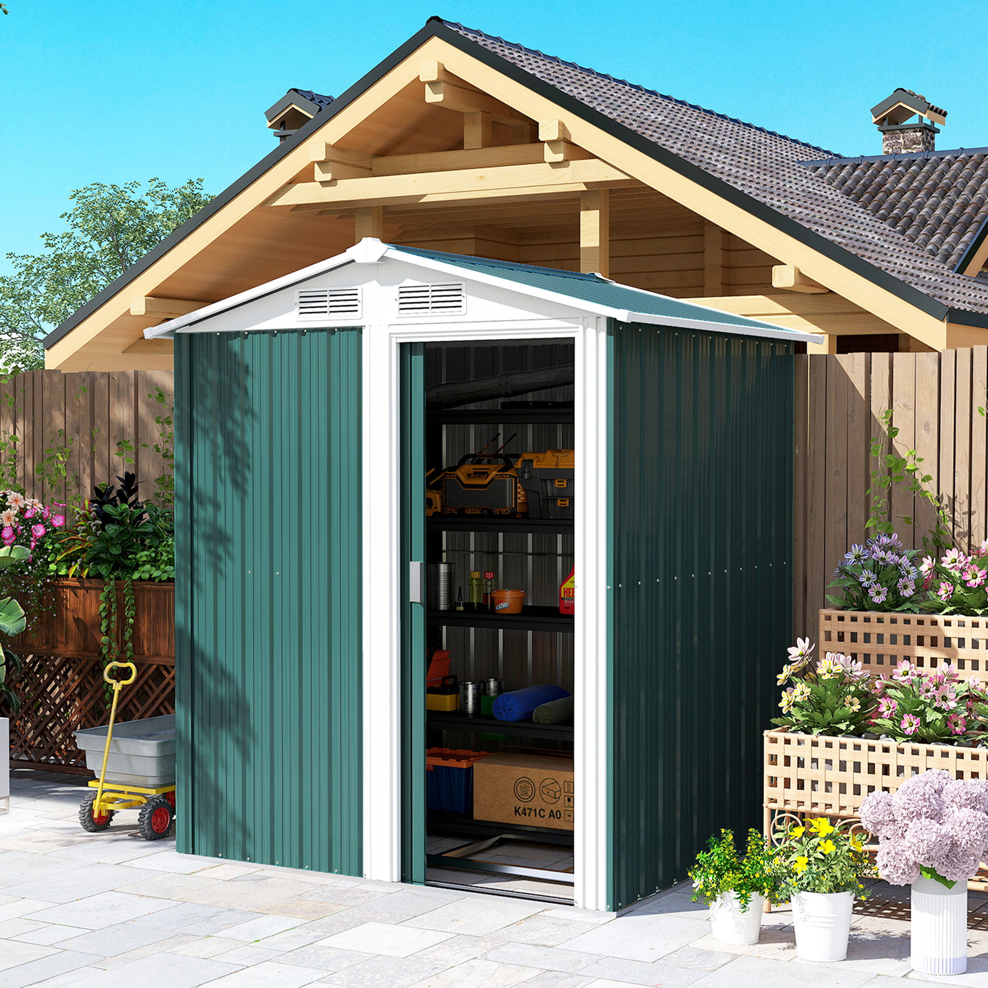 Outsunny Garden Metal Tool Storage Shed with Sliding Door, Sloped Roof and Floor Foundation, 152 x 132 x 188cm, Green 7