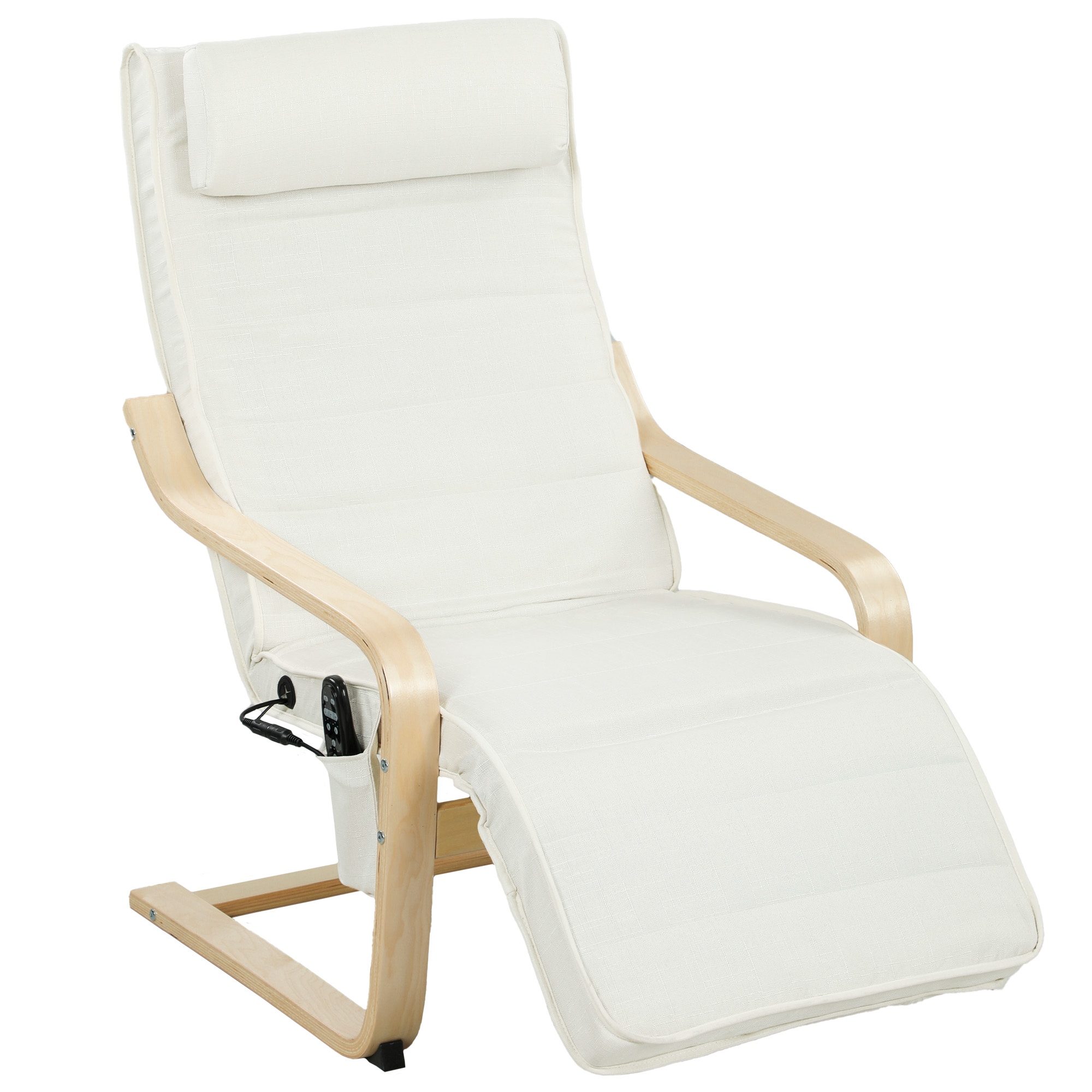 HOMCOM Relaxsessel mit 8-Punkt-Massage und Lendenheizung, Verstellbarer Fußhocker und Fernbedienung, Wohnzimmersessel aus Birkenholz und Leinenstoff, Cremeweiß und Naturholz Aosom