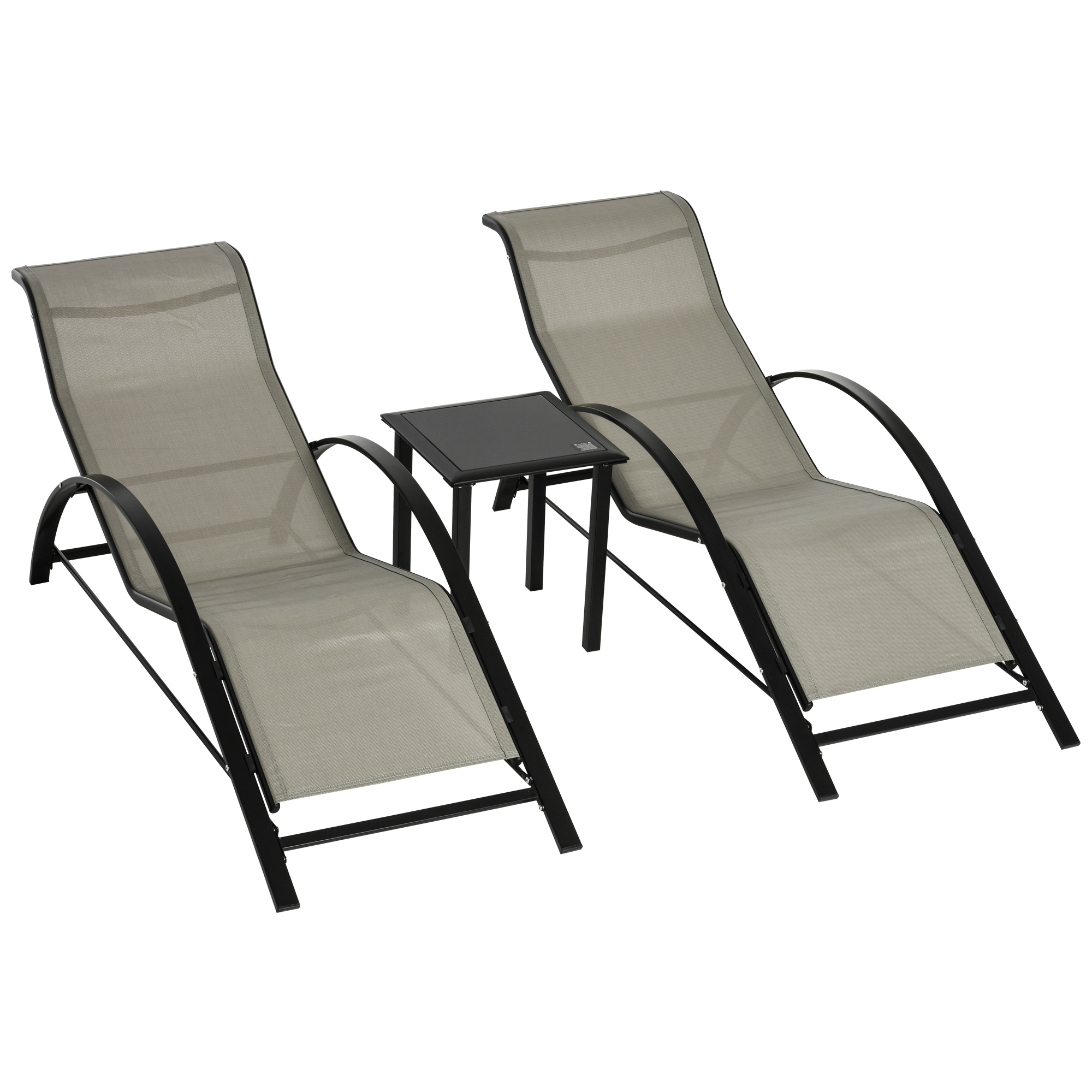 Outsunny Set de 2 Tumbonas Jardín Exterior con Mesa Auxiliar de Vidrio Templado Tumbonas con Reposabrazos para Patio Terraza Gris