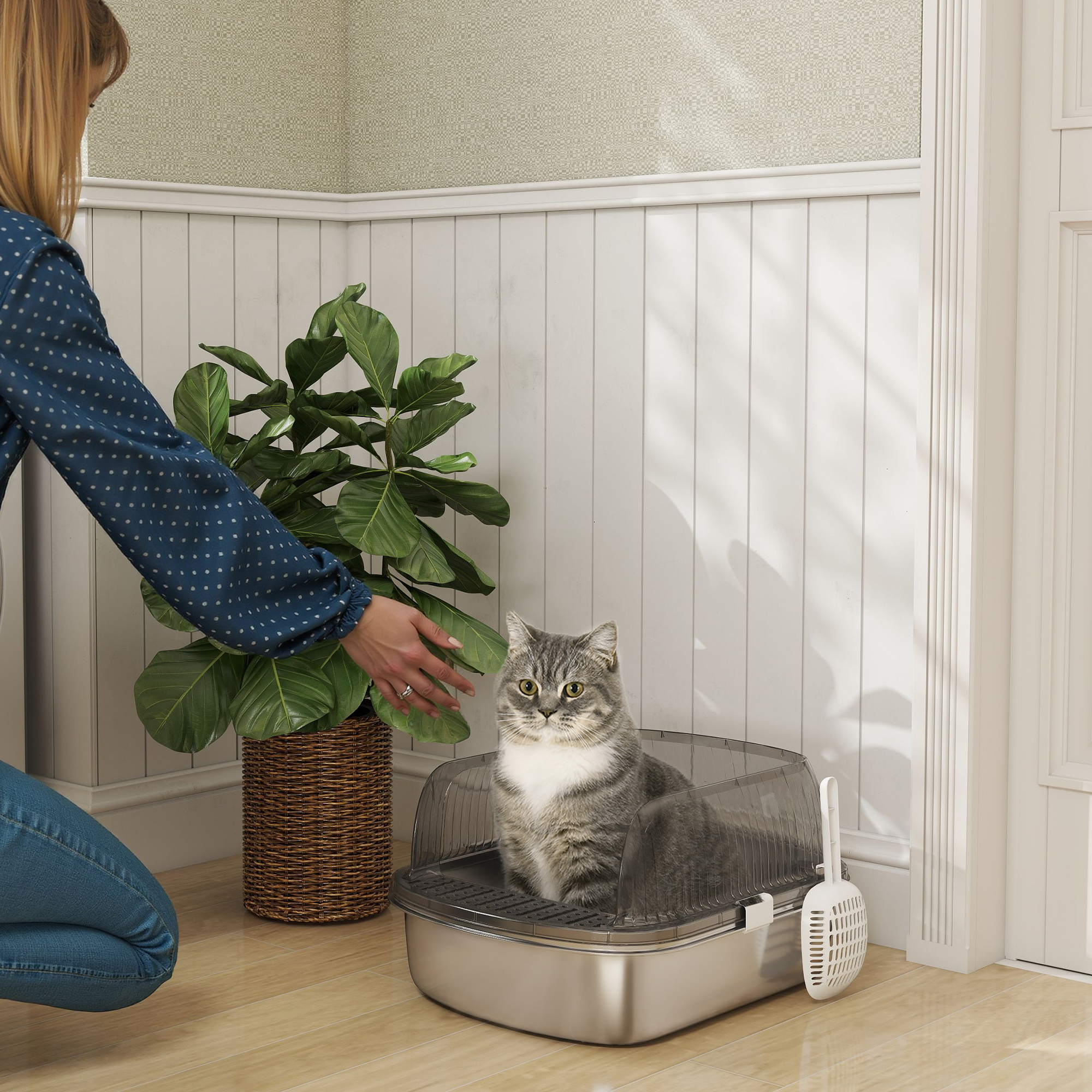 PawHut Katzentoilette Cubiertes XXL Katzenklo mit Edelstahlplatte Hohe Ränd günstig online kaufen