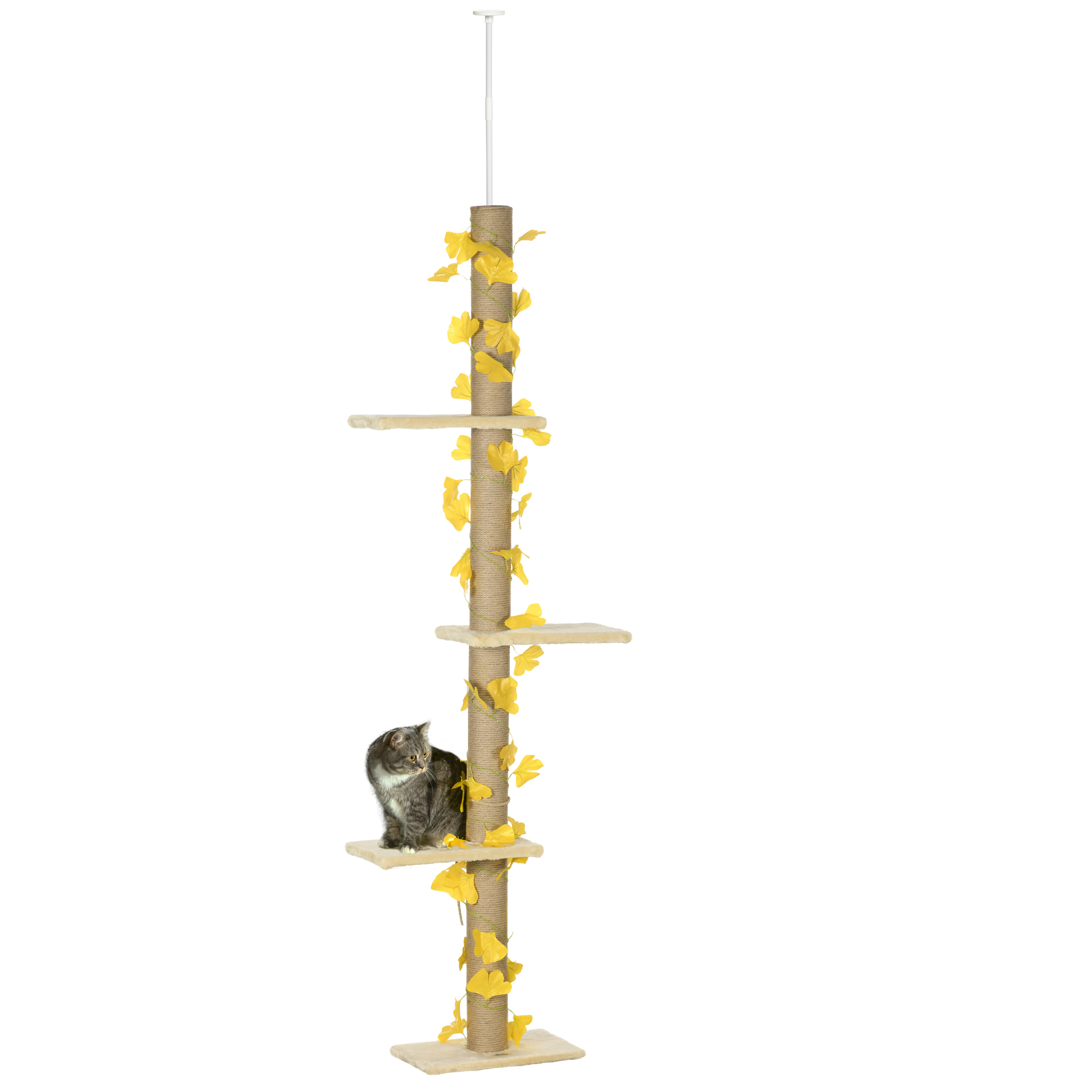 PawHut 242cm Adjustable Floor-To-Ceiling Cat Tree, with Artificial Decoration, Perches, Anti-Slip Kit - Orange