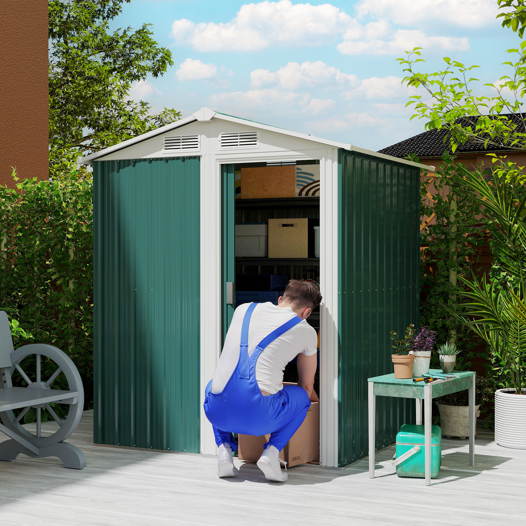Outsunny Garden Metal Tool Storage Shed with Sliding Door, Sloped Roof and Floor Foundation, 152 x 132 x 188cm, Green 2