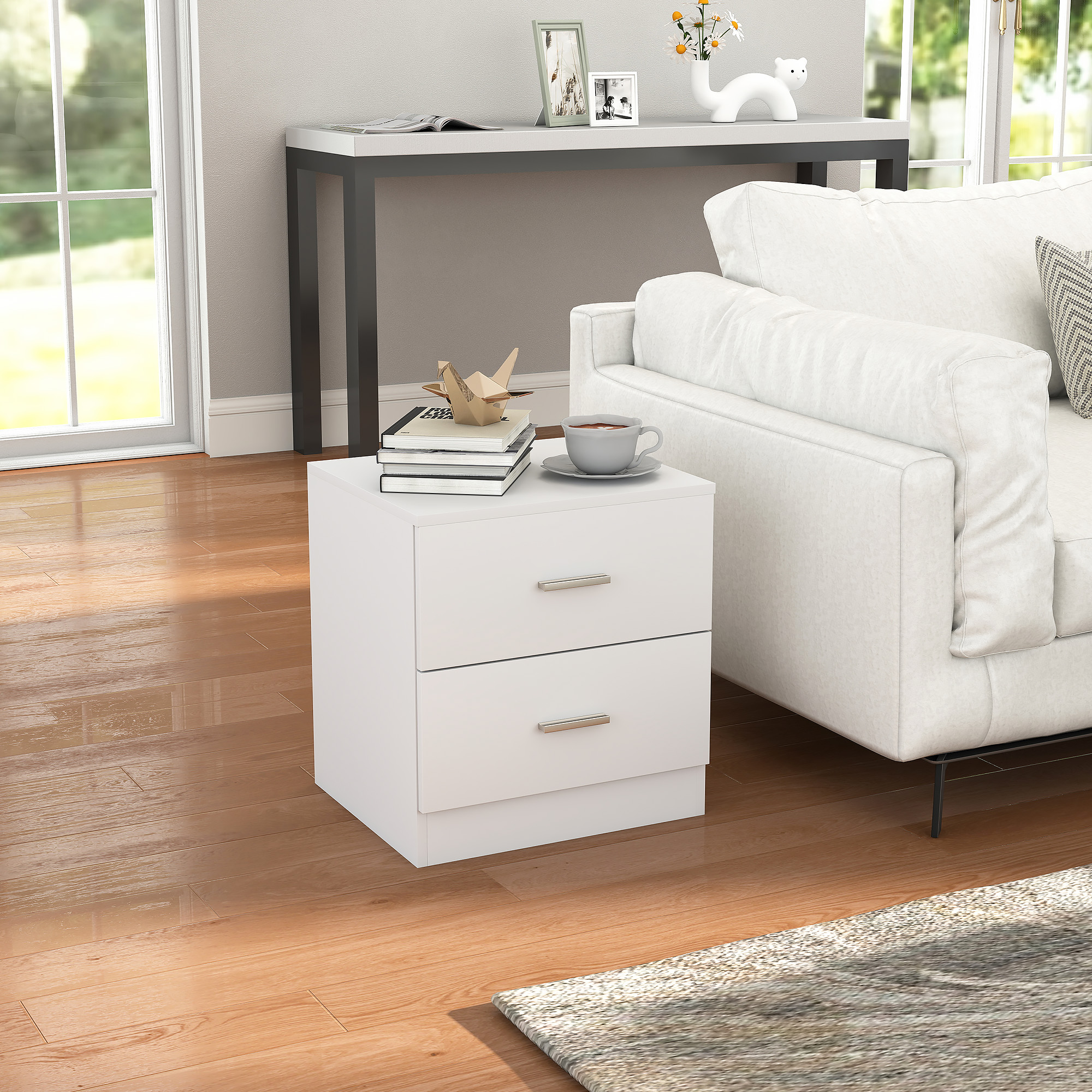 HOMCOM Modern White And Oak Bedside Table With 2 Drawers & Metal Frame For Bedroom