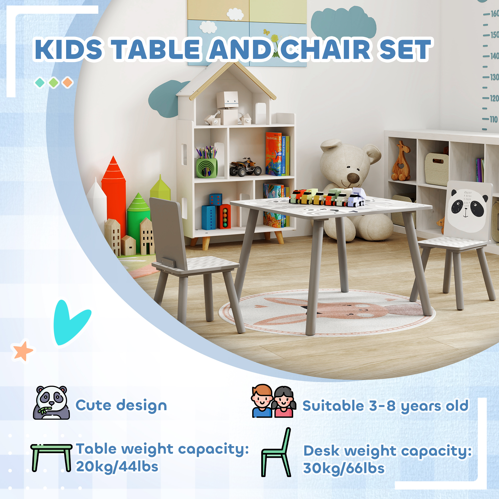 ZONEKIZ Kids Table and Chairs, Kids Storage Unit and Kids Easel Set, Cute Animal Design Kids Activity Furniture Set for Ages 3-8 Years, Grey 9