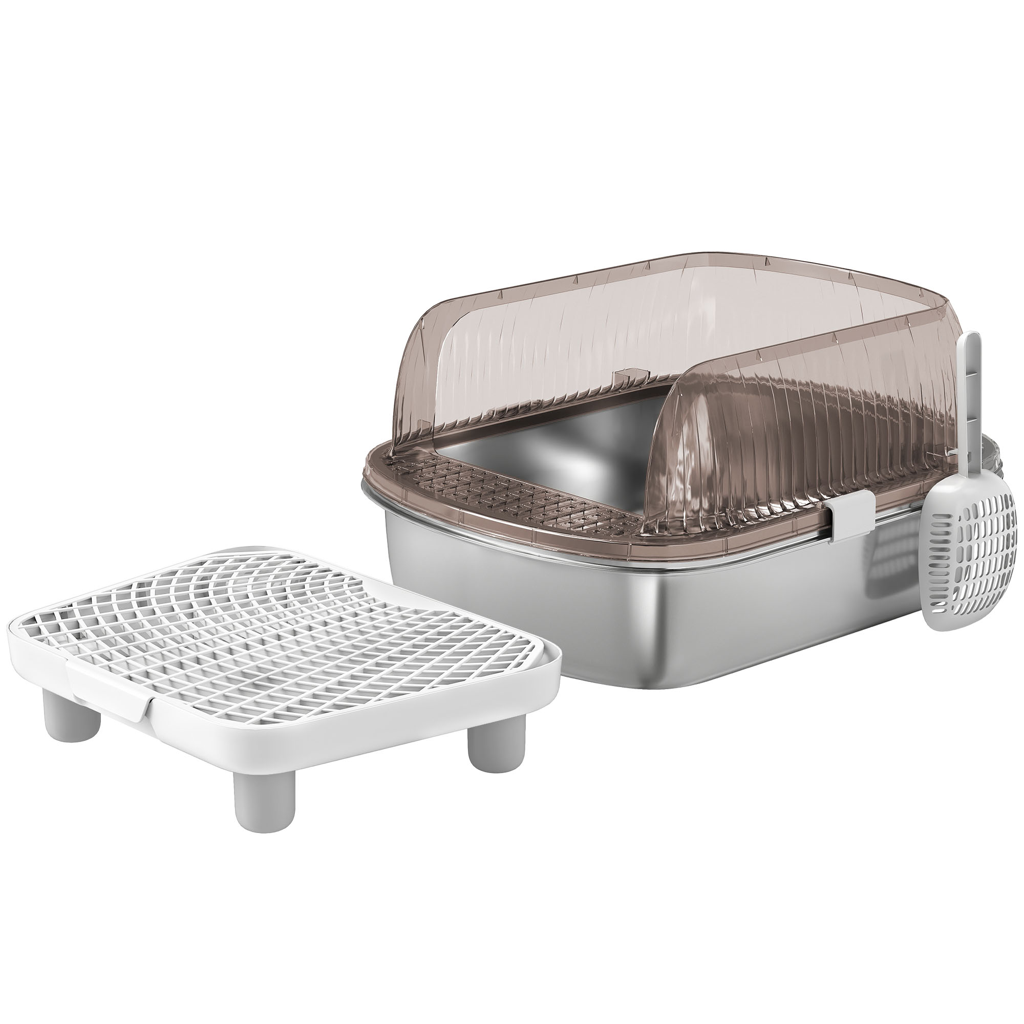 PawHut Arenero para Gatos Cubierto con Bandeja de Acero Inoxidable Bordes Altos Pala Peldaño y Zona para Caída de Arena Gris