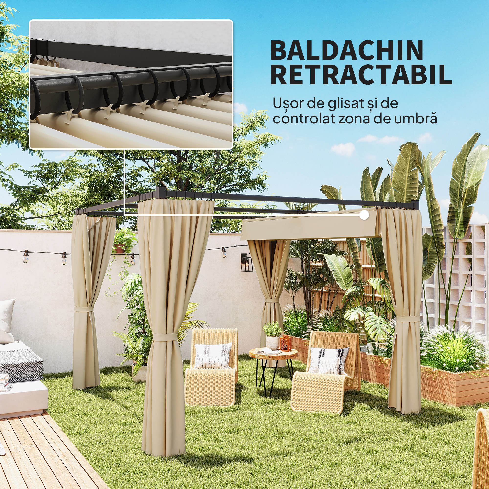  Pergola de Gradina cu Acoperis Retractabil si Perdele, din Metal si Poliester, 300x300x227 cm, Bej [3]