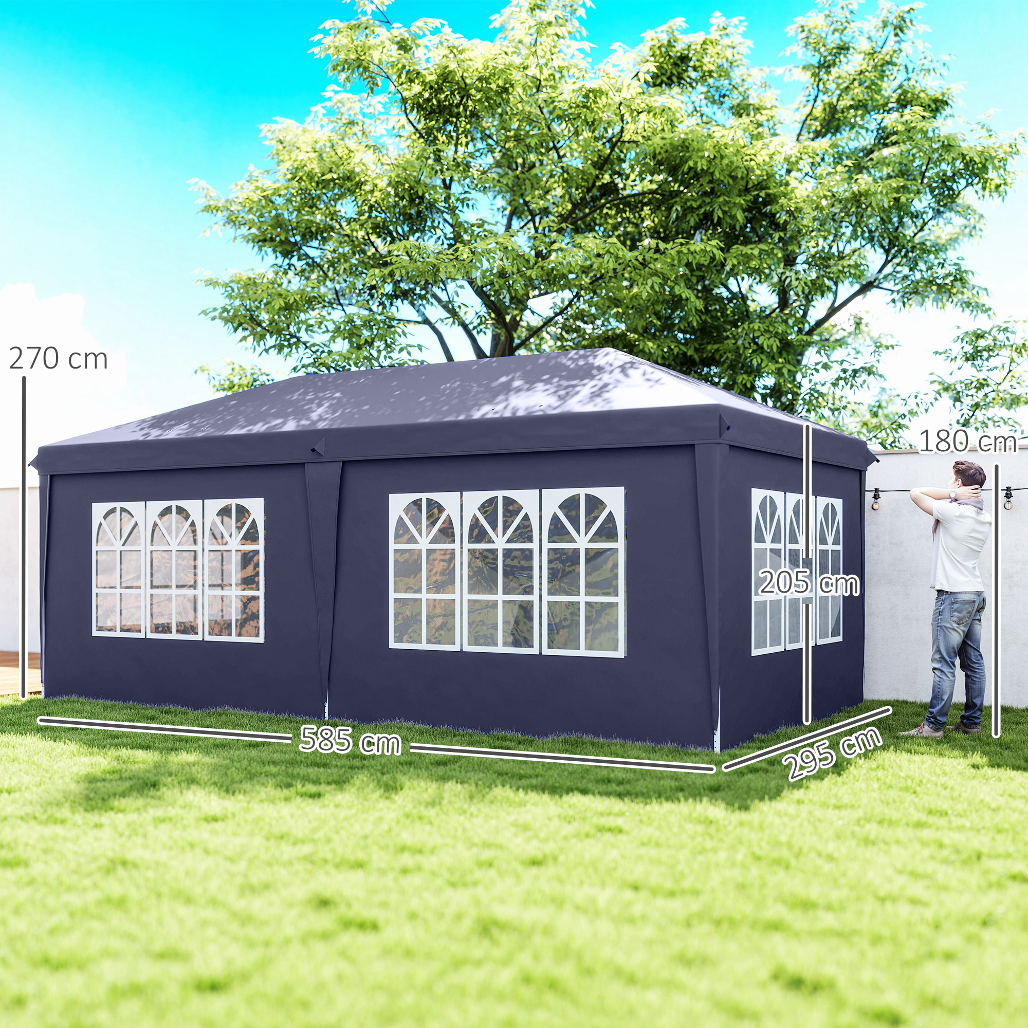 Outsunny Gazebo 6x3 M Pieghevole - Gazebo Da Giardino Con 6 Pannelli Laterali, Acciaio E Tessuto Oxford Blu - Foto 6
