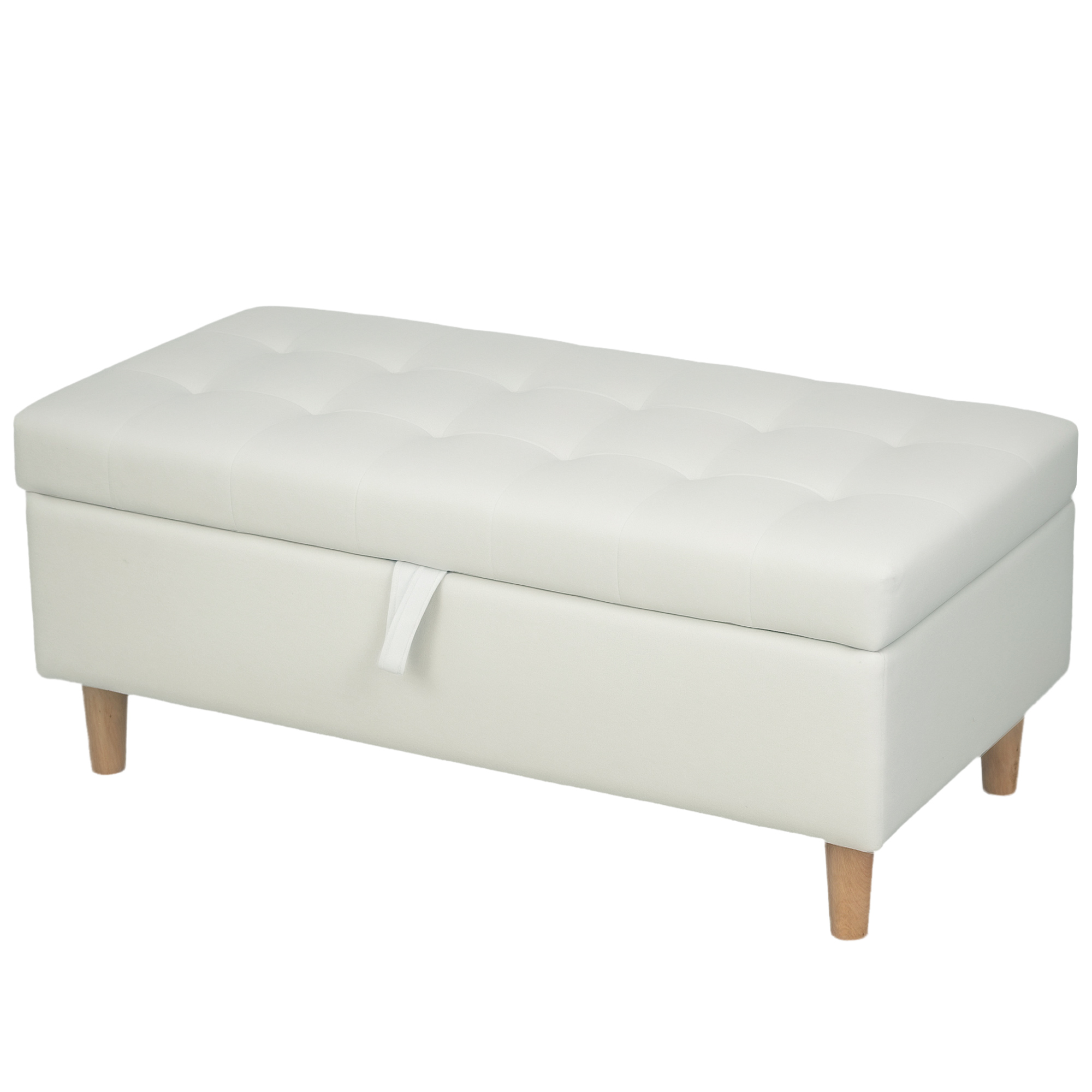 HOMCOM Banc Pouf de Rangement, Pieds en Bois, Revêtement en Tissu Doux, Blanc Crème