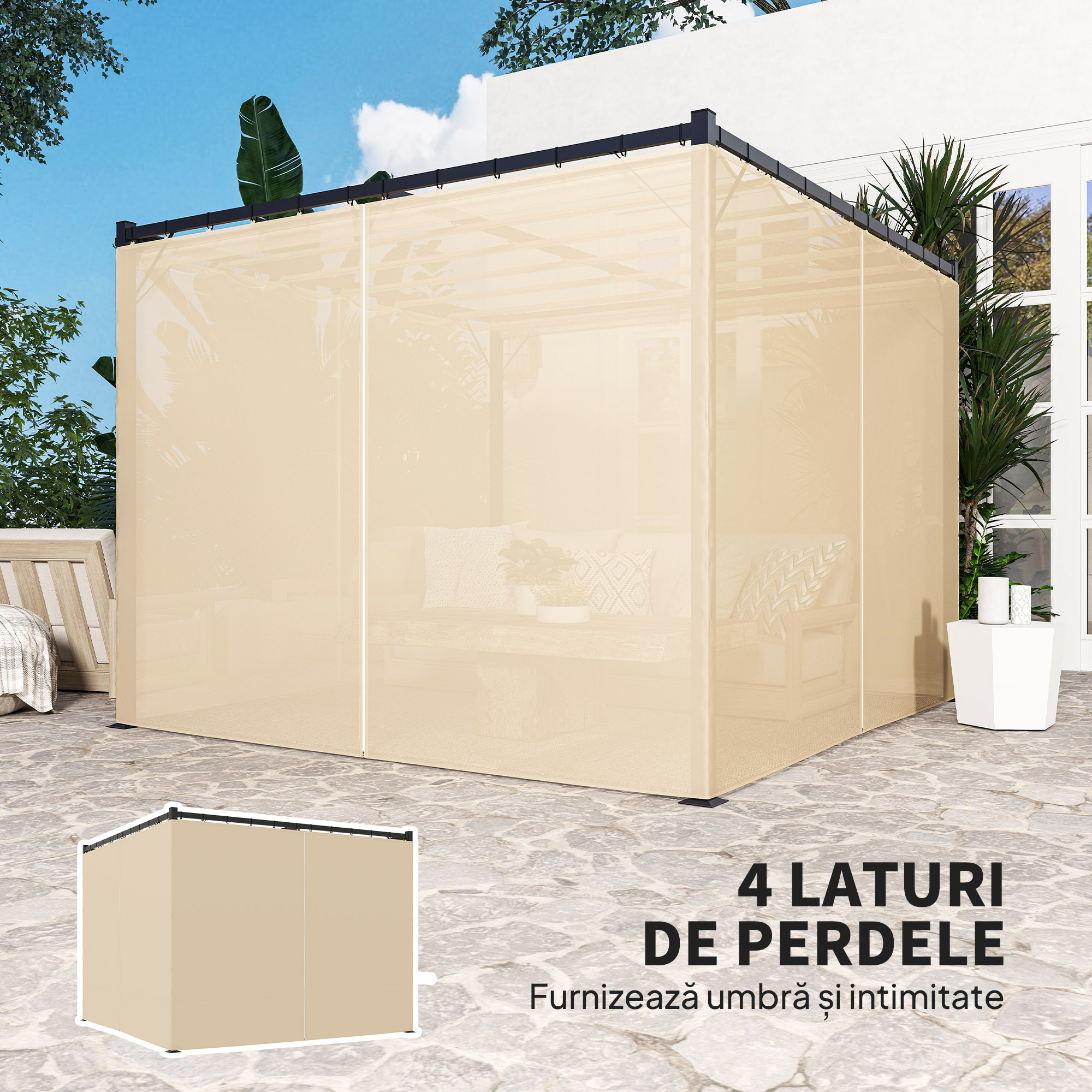  Pergola de Gradina cu Acoperis Retractabil si Perdele, din Metal si Poliester, 300x300x227 cm, Bej [4]