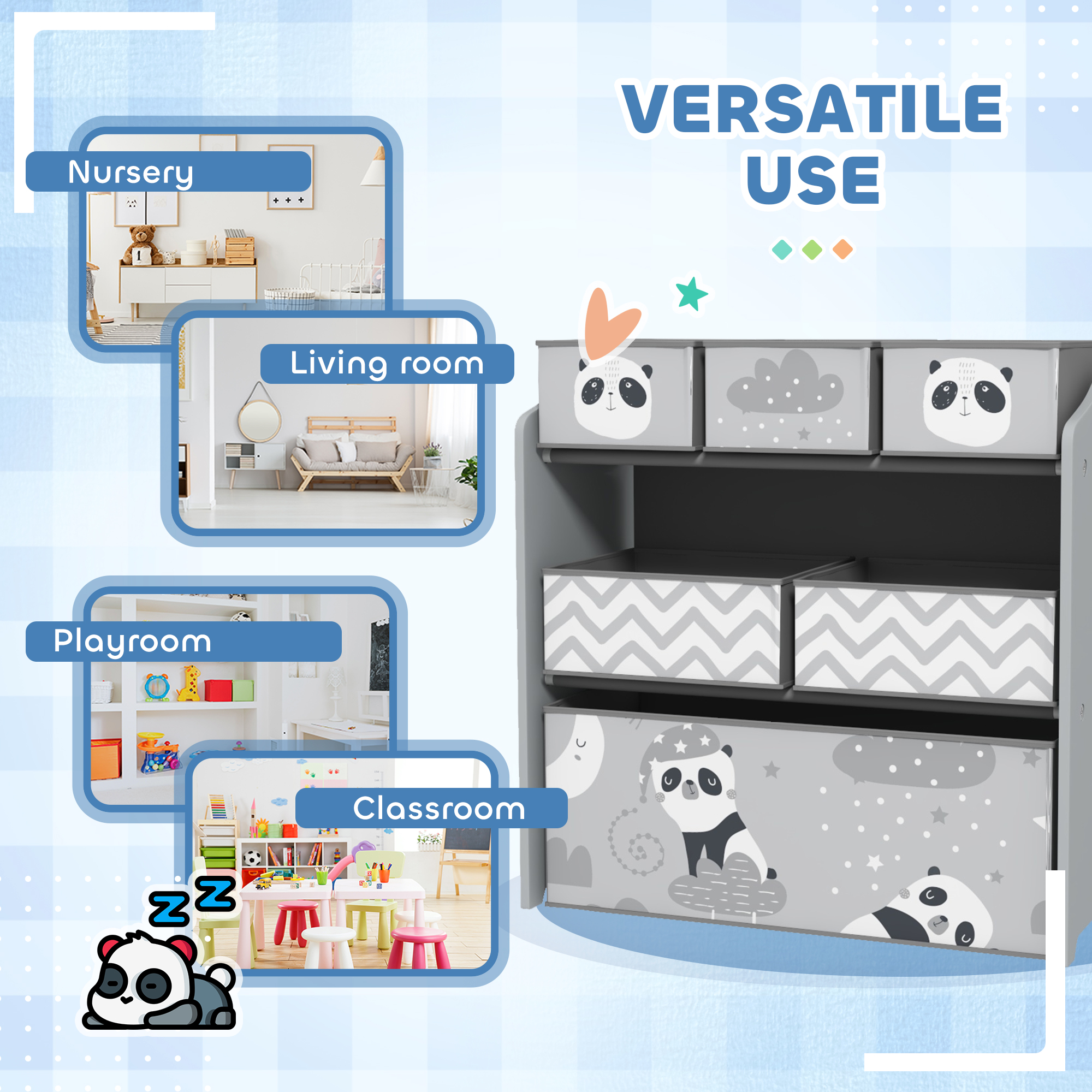 ZONEKIZ Kids Table and Chairs, Kids Storage Unit and Kids Easel Set, Cute Animal Design Kids Activity Furniture Set for Ages 3-8 Years, Grey 6