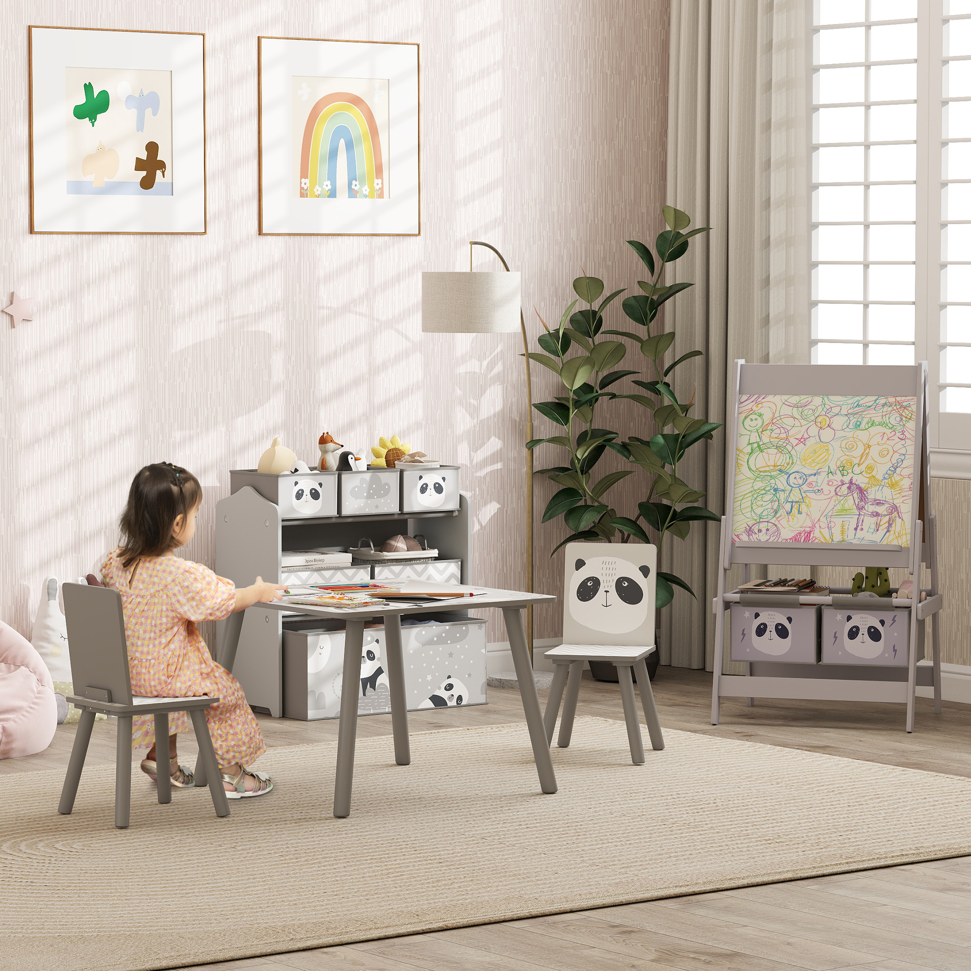 ZONEKIZ Kids Table and Chairs, Kids Storage Unit and Kids Easel Set, Cute Animal Design Kids Activity Furniture Set for Ages 3-8 Years, Grey 2