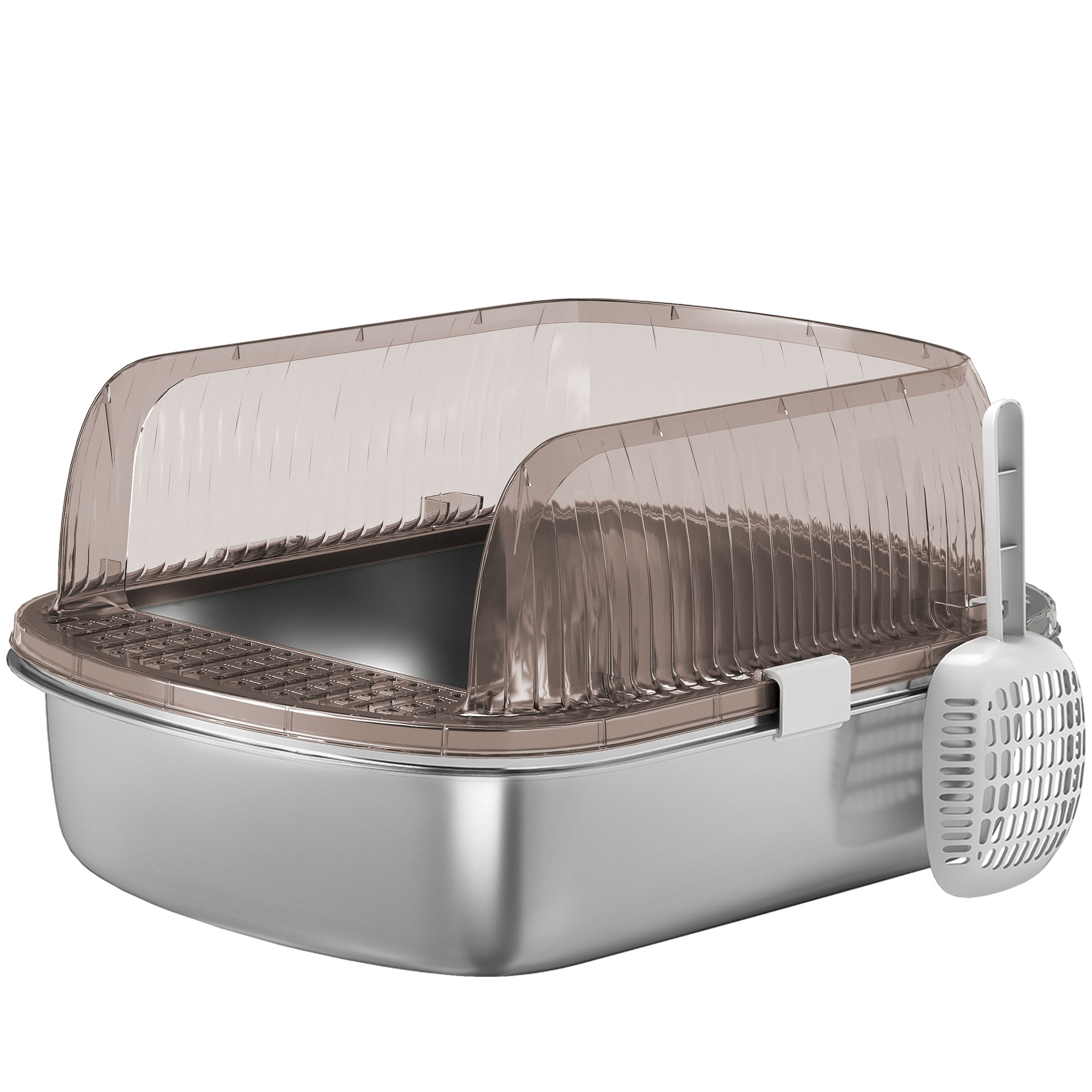 PawHut Arenero para Gatos Cubierto Cerrado con Bandeja de Acero Inoxidable Bordes Altos Pala y Zona para Caída de Arena Gris