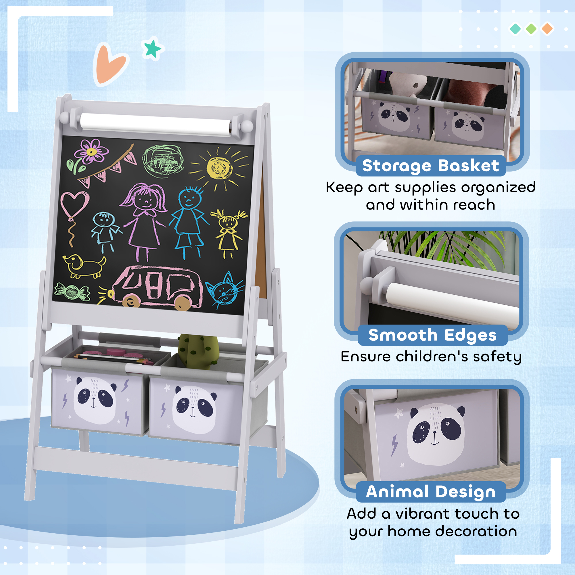 ZONEKIZ Kids Table and Chairs, Kids Storage Unit and Kids Easel Set, Cute Animal Design Kids Activity Furniture Set for Ages 3-8 Years, Grey 7