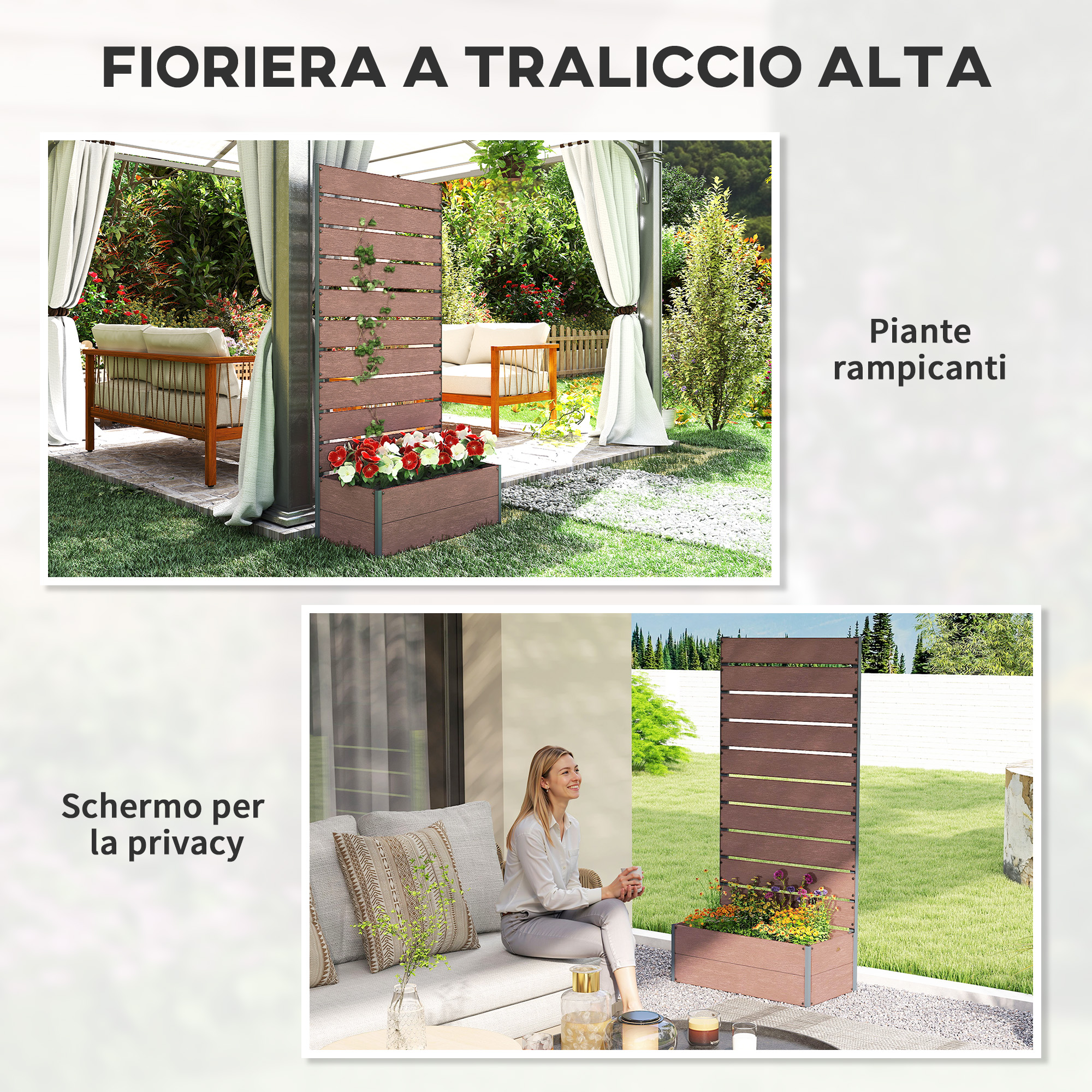 Outsunny Fioriera da Esterno con Spalliera a Doghe per Piante Rampicanti,  72x38x150cm, Marrone Chiaro