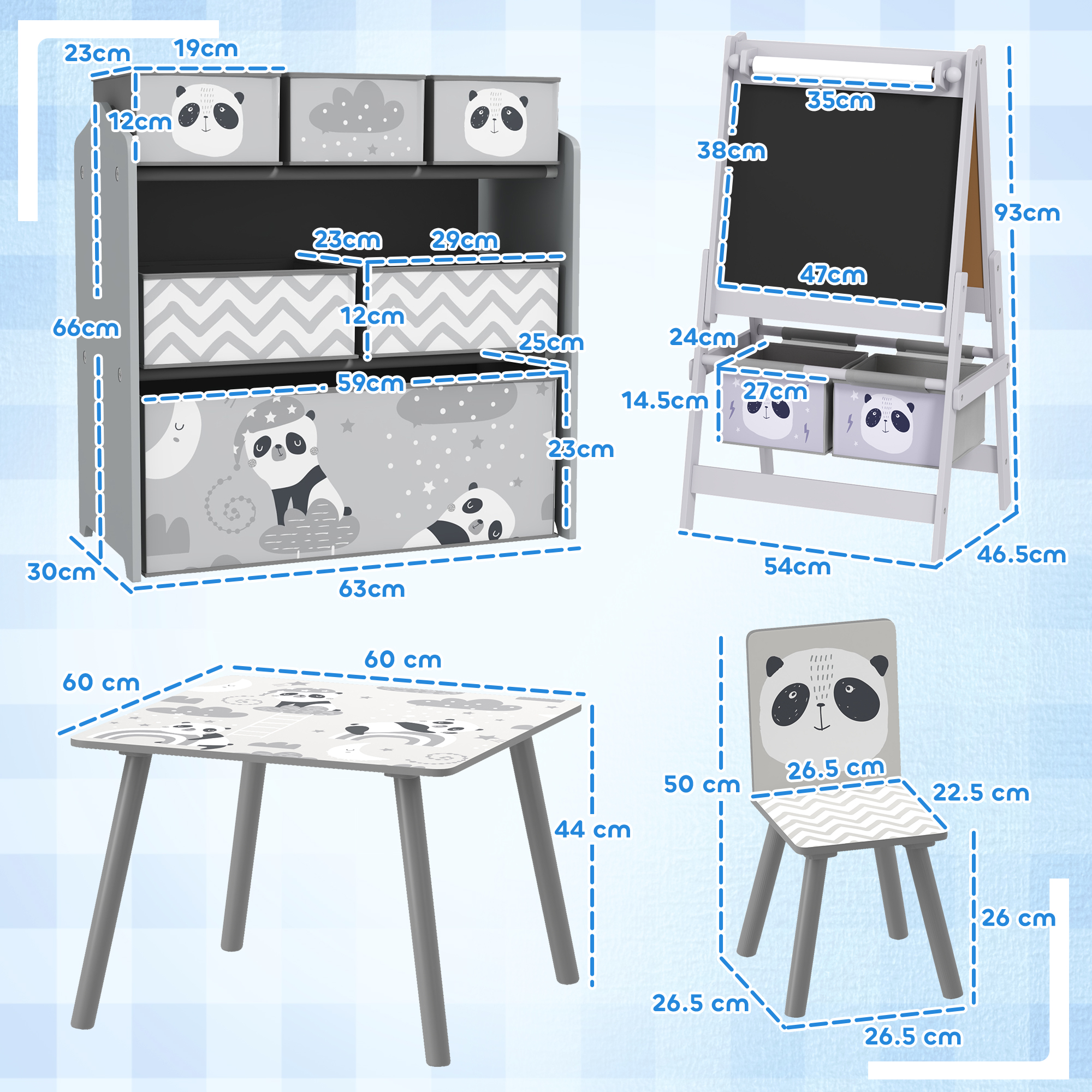 ZONEKIZ Kids Table and Chairs, Kids Storage Unit and Kids Easel Set, Cute Animal Design Kids Activity Furniture Set for Ages 3-8 Years, Grey 3