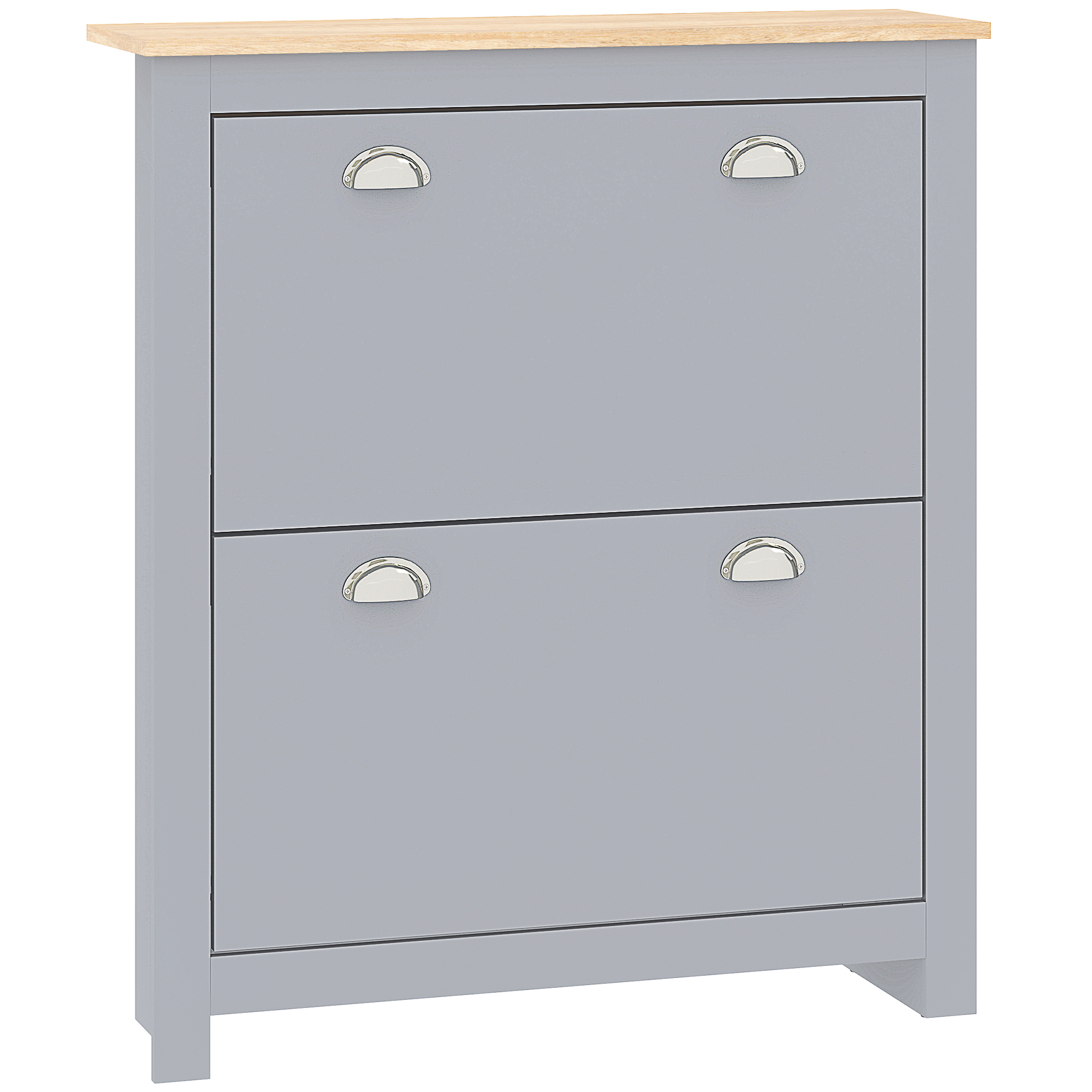 HOMCOM 2 Drawer Shoe Cabinet Modern Narrow Shoe Cupboard Hallway Wooden Storage Organiser with Flip Doors Adjustable Shelf for 6-12 Pairs, Grey