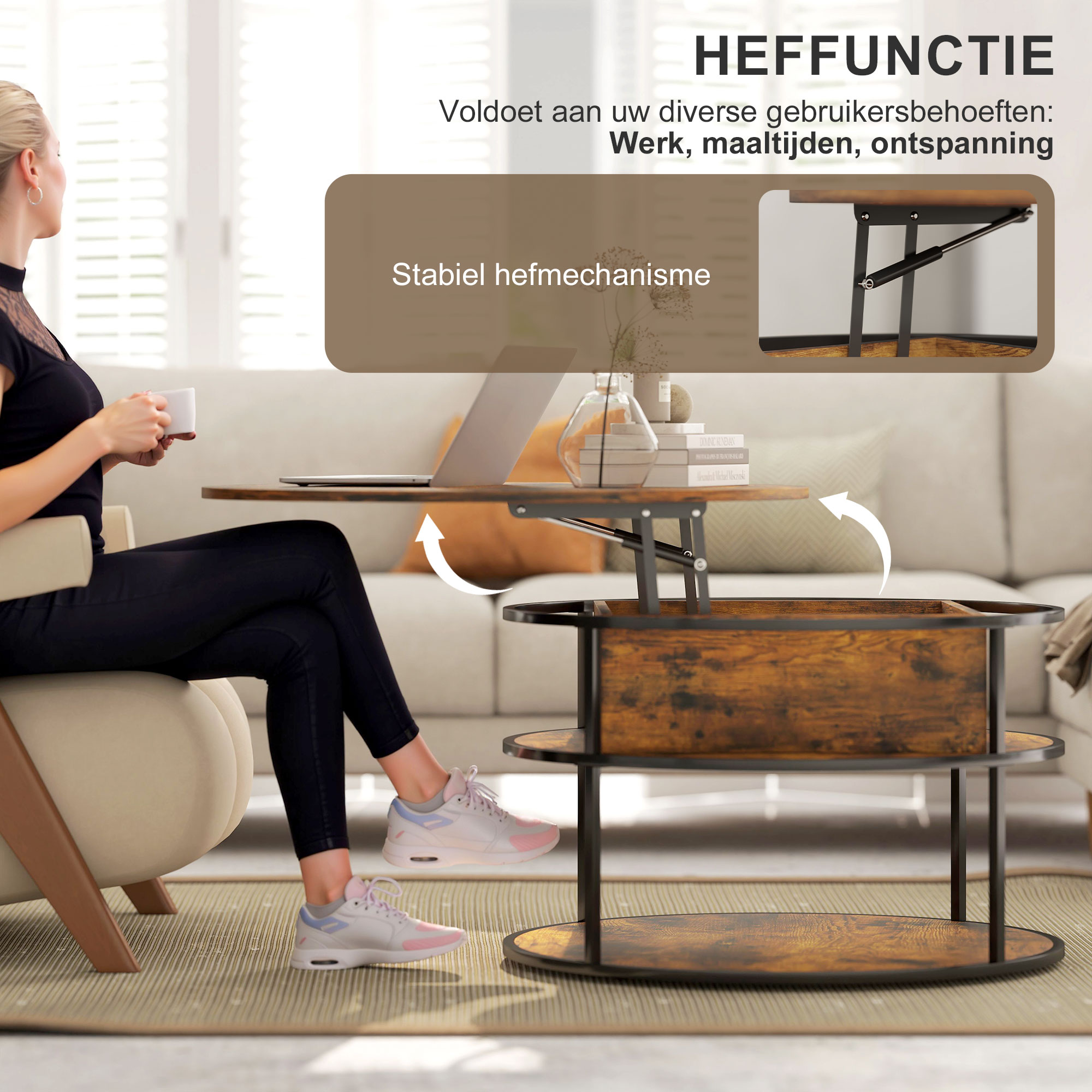 Bijzettafel, Moderne Salontafel Ronde Salontafel met Verborgen Opbergruimte Houten Salontafel Eenvoudig te Monteren,Walnut color