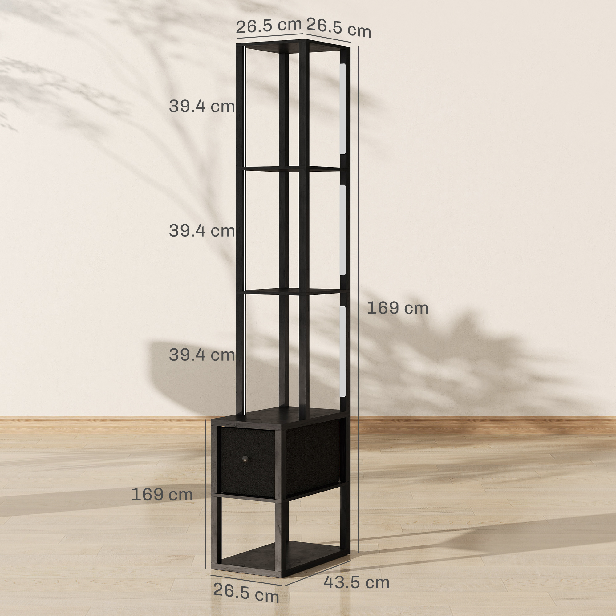 HOMCOM Floor Lamp with Shelves, LED Column Modern Standing Lamp with Fabric Drawer, Adjustable Brightness, Foot Switch for Living Room, Bedroom, Office, Black 3