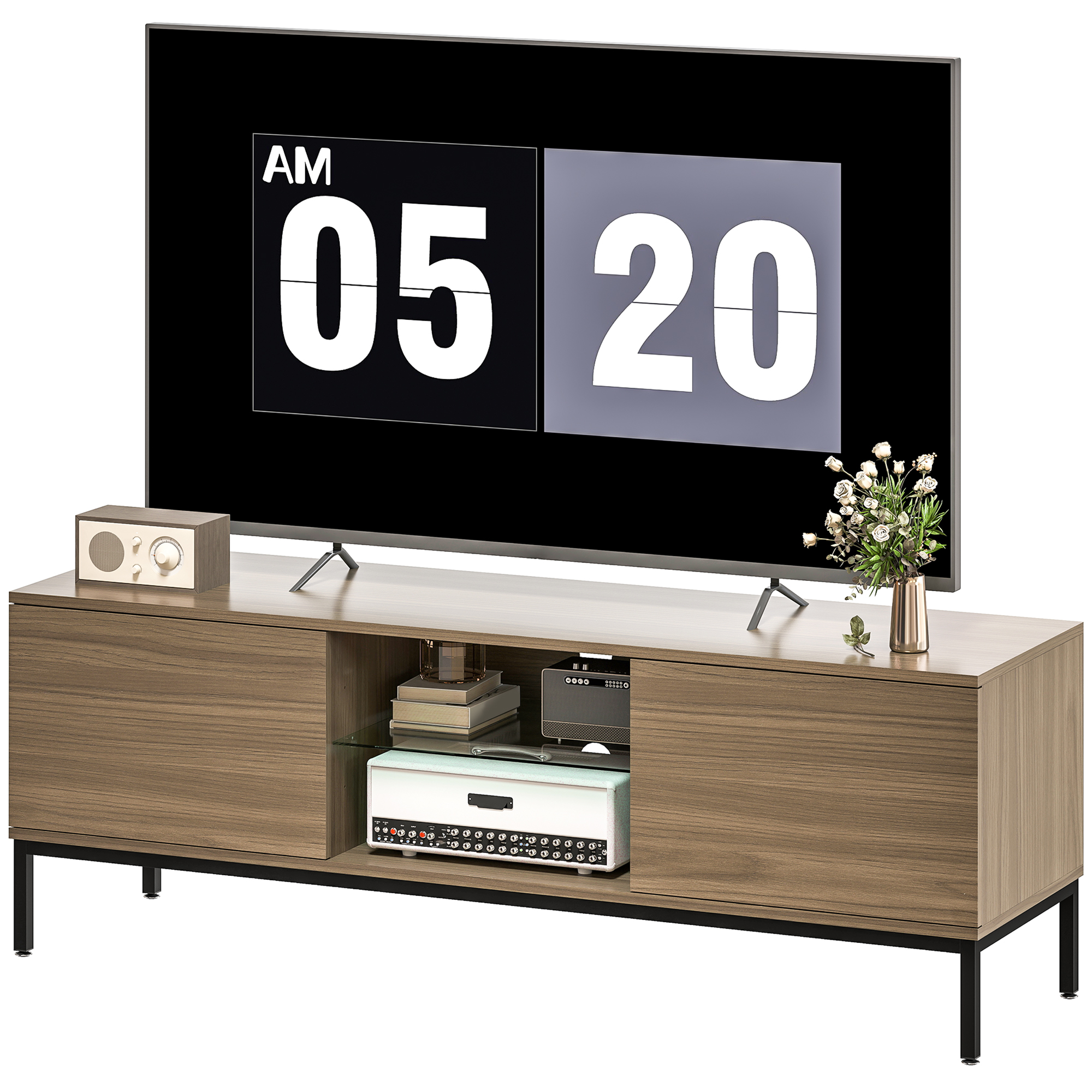 HOMCOM Modernes TV-Möbel TV-Möbel für Wohnzimmer mit 2 offenen Fächern 2 Türen Verstellbares Glasregal und 2 Kabelöffnungen für Fernseher bis zu 60 Zoll 140x40x49,5 cm Grau Aosom