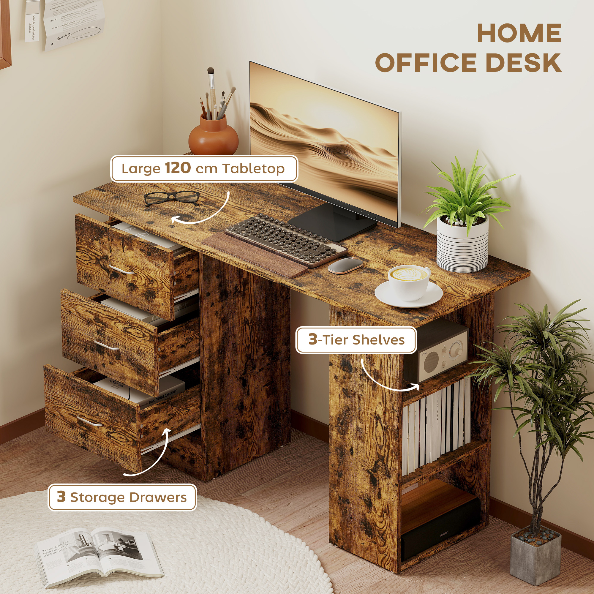 HOMCOM Computer Desk, Writing Table, PC Workstation with 3 Storage Shelves and Drawers, Silver Handle, for Home Office, Rustic Brown 4