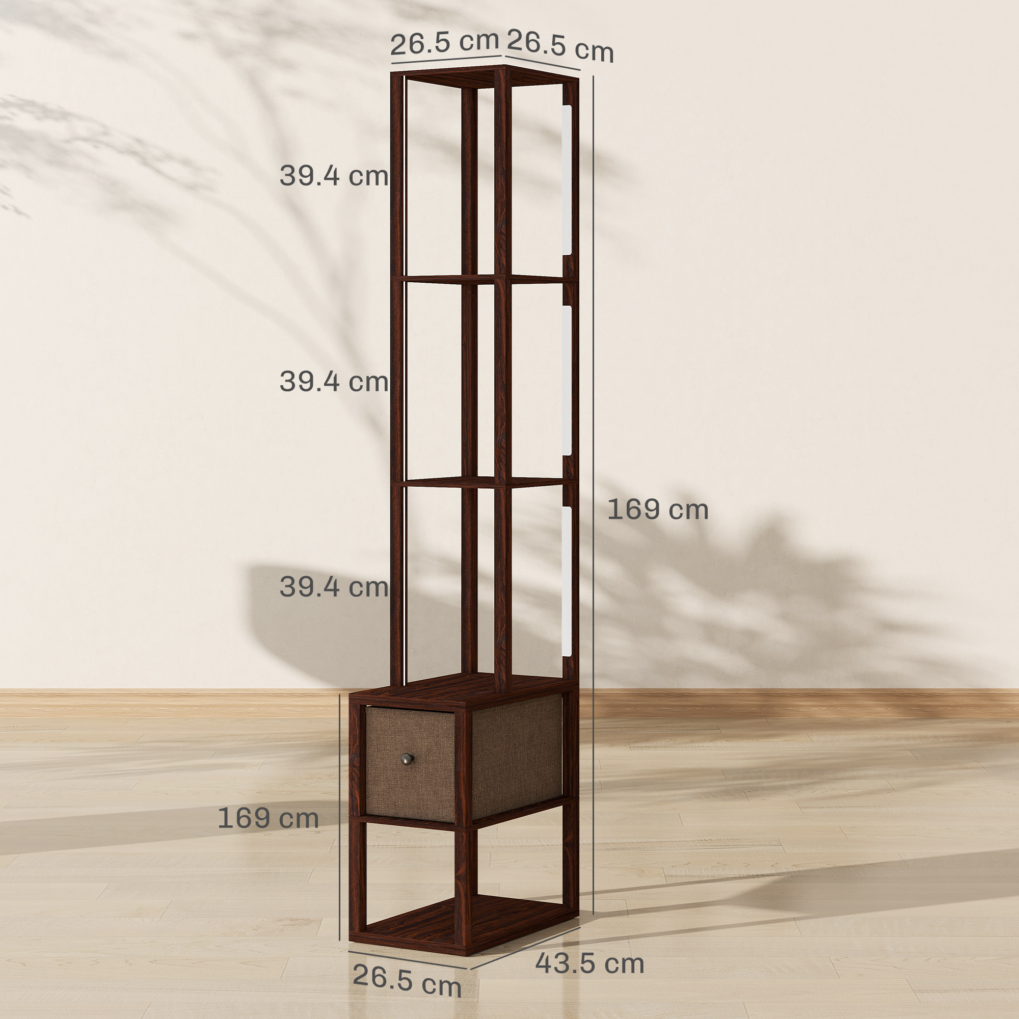 HOMCOM Floor Lamp with Shelves, LED Column Modern Standing Lamp with Fabric Drawer, Adjustable Brightness, Foot Switch for Living Room, Bedroom, Office, Dark Brown 3