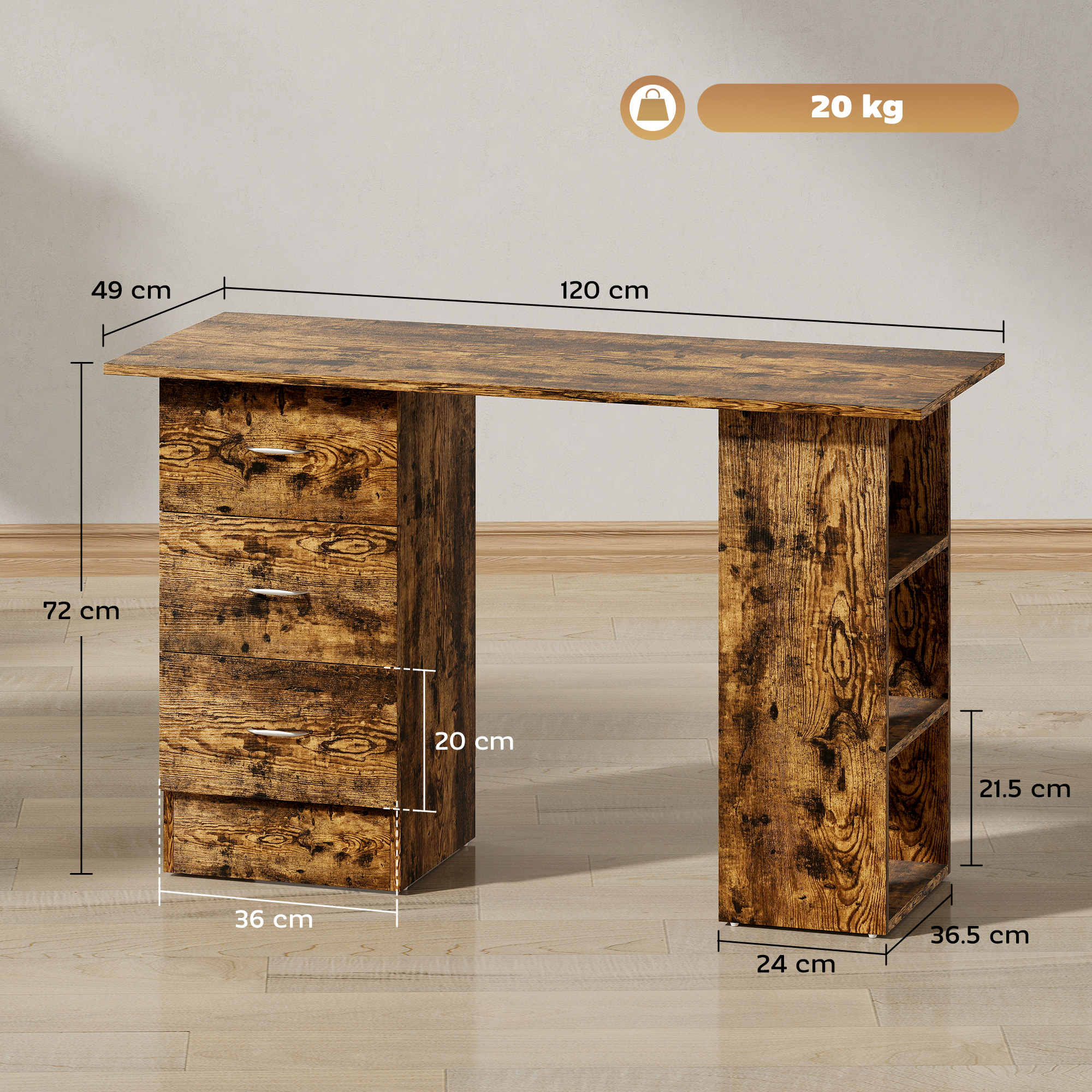 HOMCOM Computer Desk, Writing Table, PC Workstation with 3 Storage Shelves and Drawers, Silver Handle, for Home Office, Rustic Brown 3