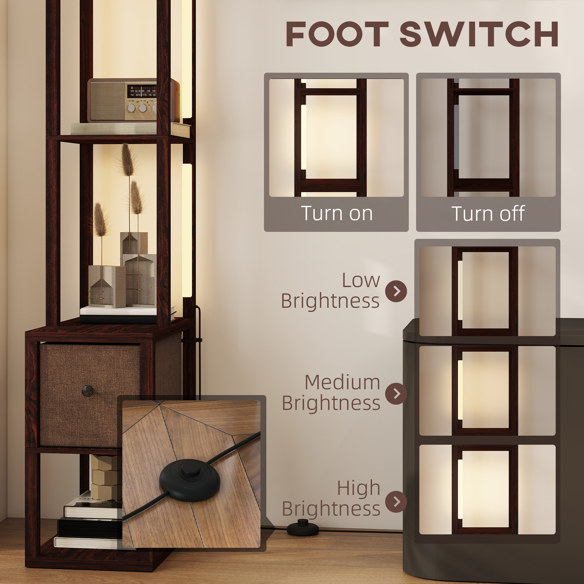 HOMCOM Floor Lamp with Shelves, LED Column Modern Standing Lamp with Fabric Drawer, Adjustable Brightness, Foot Switch for Living Room, Bedroom, Office, Dark Brown 6