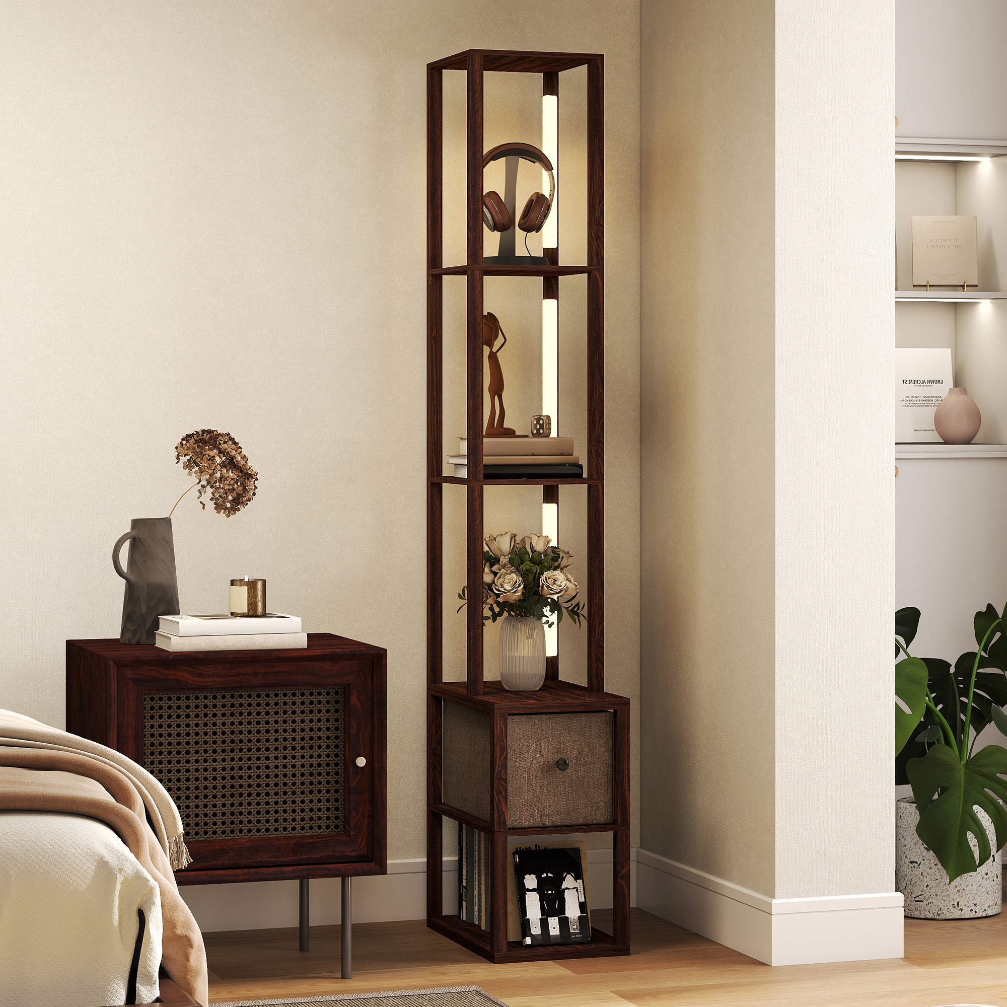 HOMCOM Floor Lamp with Shelves, LED Column Modern Standing Lamp with Fabric Drawer, Adjustable Brightness, Foot Switch for Living Room, Bedroom, Office, Dark Brown 2
