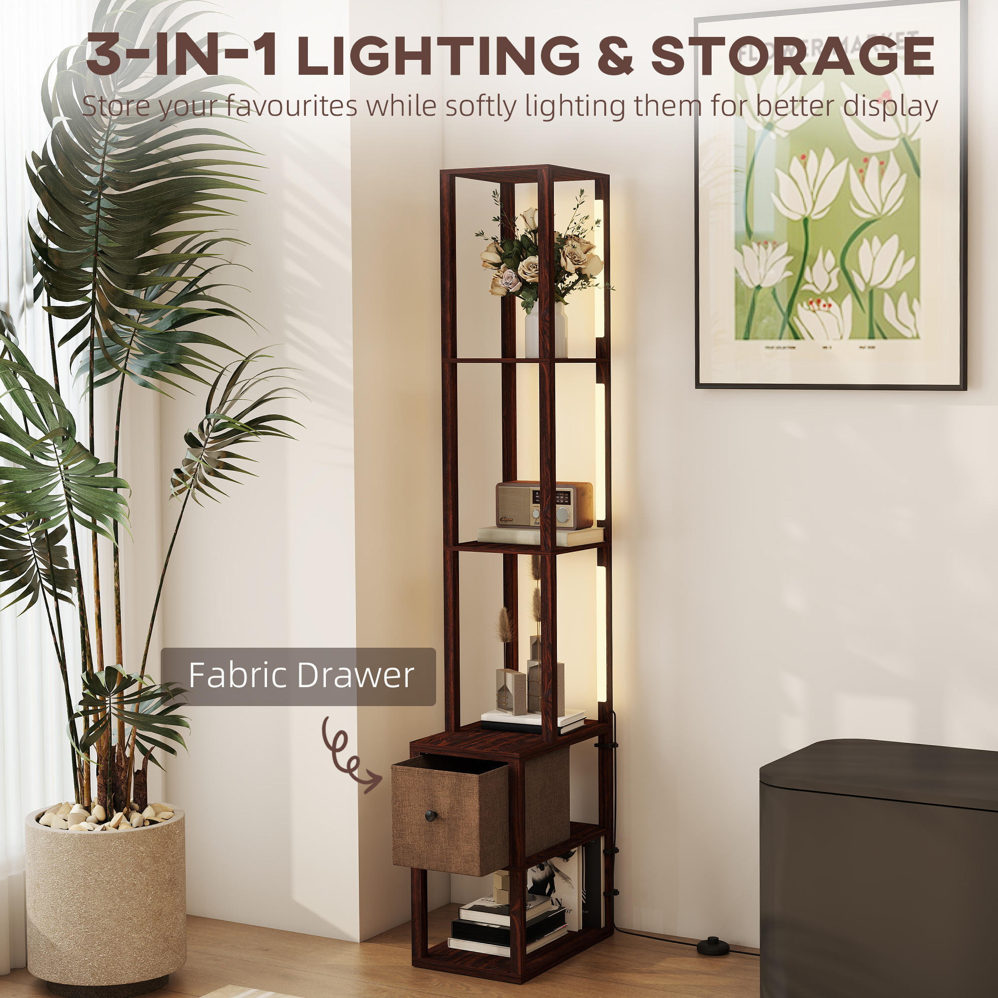 HOMCOM Floor Lamp with Shelves, LED Column Modern Standing Lamp with Fabric Drawer, Adjustable Brightness, Foot Switch for Living Room, Bedroom, Office, Dark Brown 4