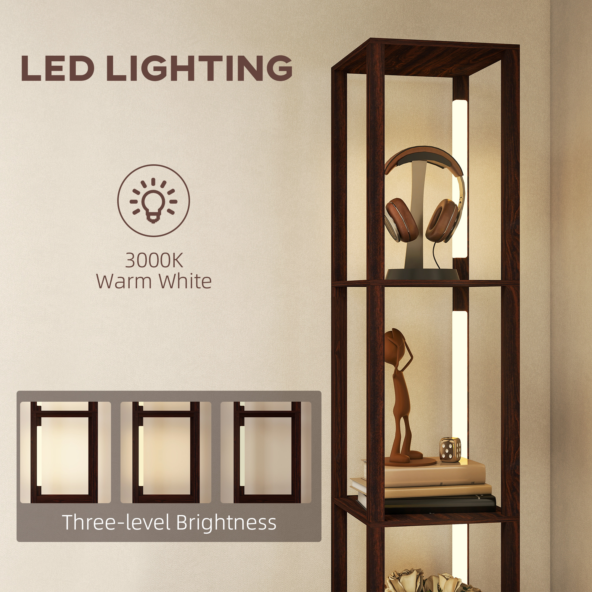 HOMCOM Floor Lamp with Shelves, LED Column Modern Standing Lamp with Fabric Drawer, Adjustable Brightness, Foot Switch for Living Room, Bedroom, Office, Dark Brown 5