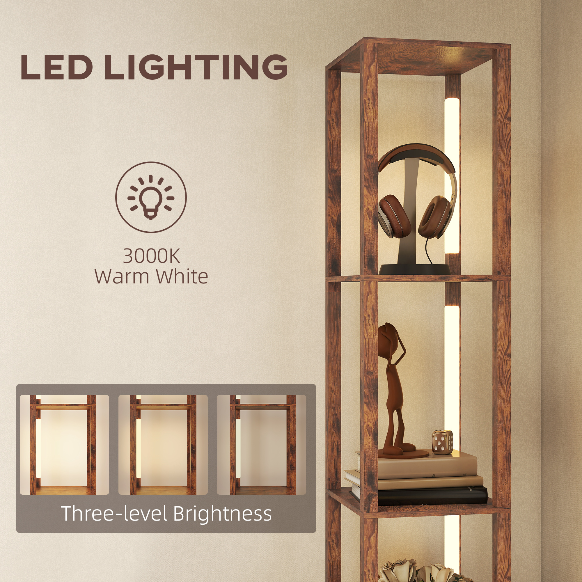 HOMCOM Floor Lamp with Shelves, LED Column Modern Standing Lamp with Fabric Drawer, Adjustable Brightness, Foot Switch for Living Room, Bedroom, Office, Rustic Brown 5