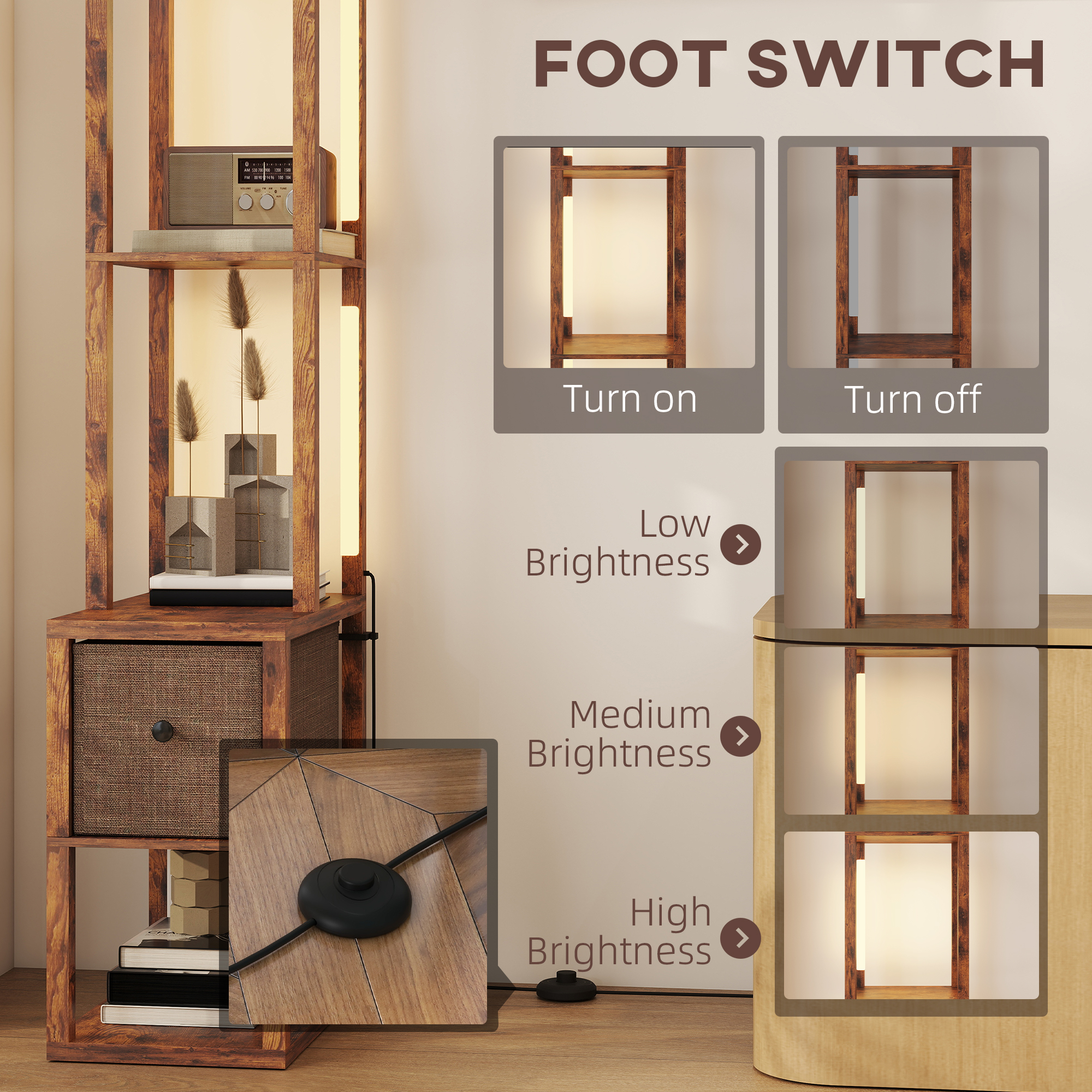 HOMCOM Floor Lamp with Shelves, LED Column Modern Standing Lamp with Fabric Drawer, Adjustable Brightness, Foot Switch for Living Room, Bedroom, Office, Rustic Brown 6