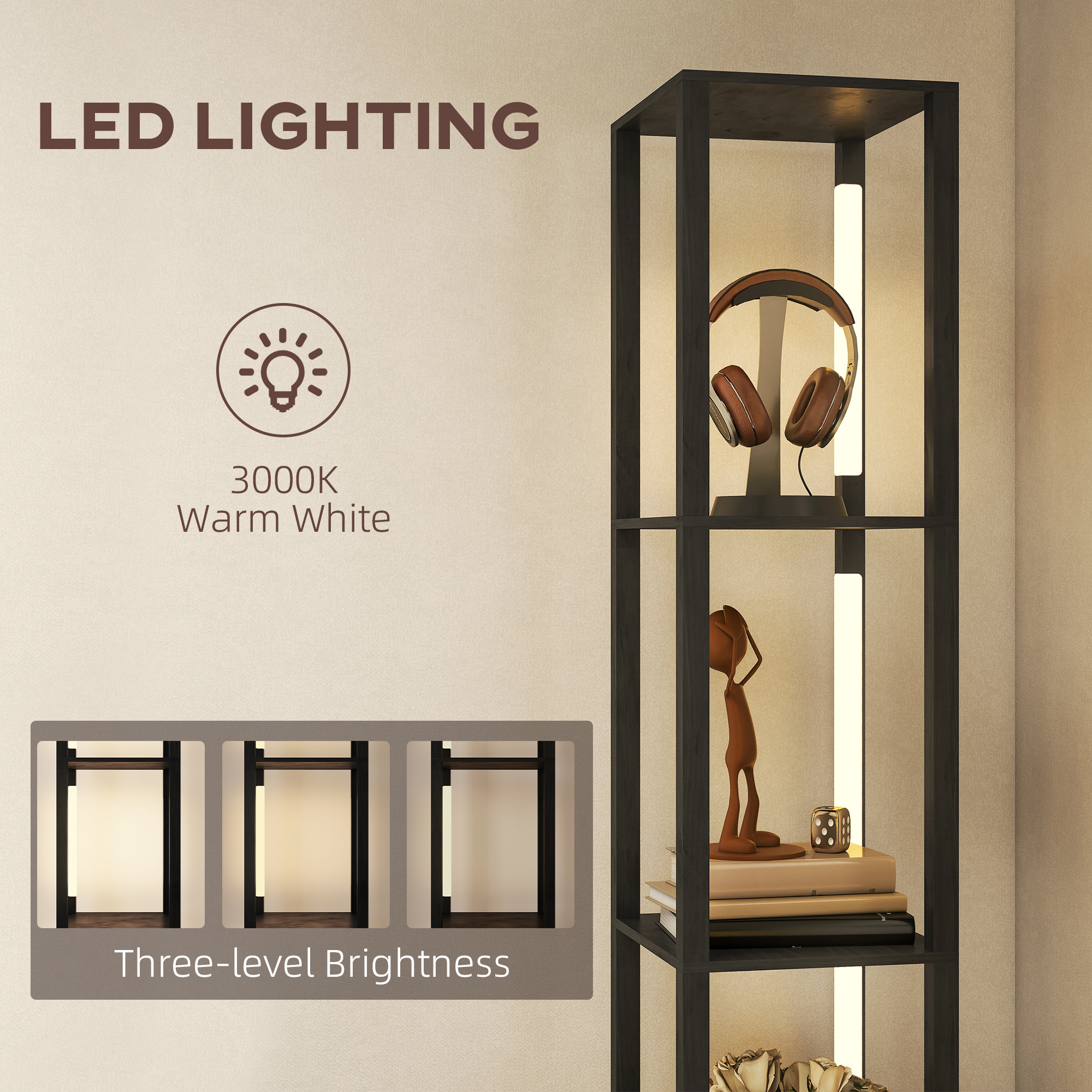 HOMCOM Floor Lamp with Shelves, LED Column Modern Standing Lamp with Fabric Drawer, Adjustable Brightness, Foot Switch for Living Room, Bedroom, Office, Black 5