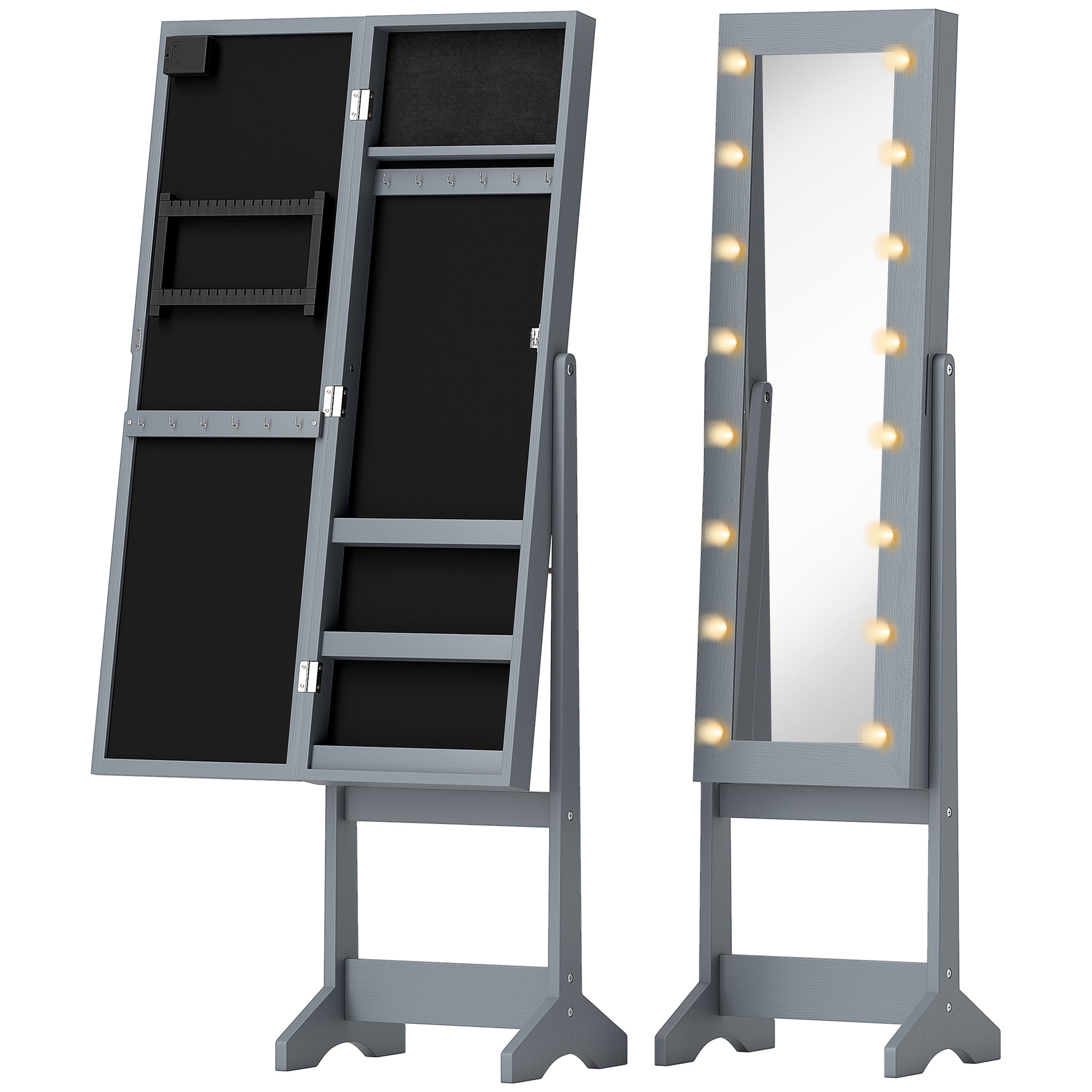 HOMCOM Freestanding Mirror Jewelry Cabinet with LED Lights, Jewellery Organiser with 3 Angle Adjustable, Full-Length Mirror with Storage for Earrings, Necklaces, Rings and Lipsticks, Grey