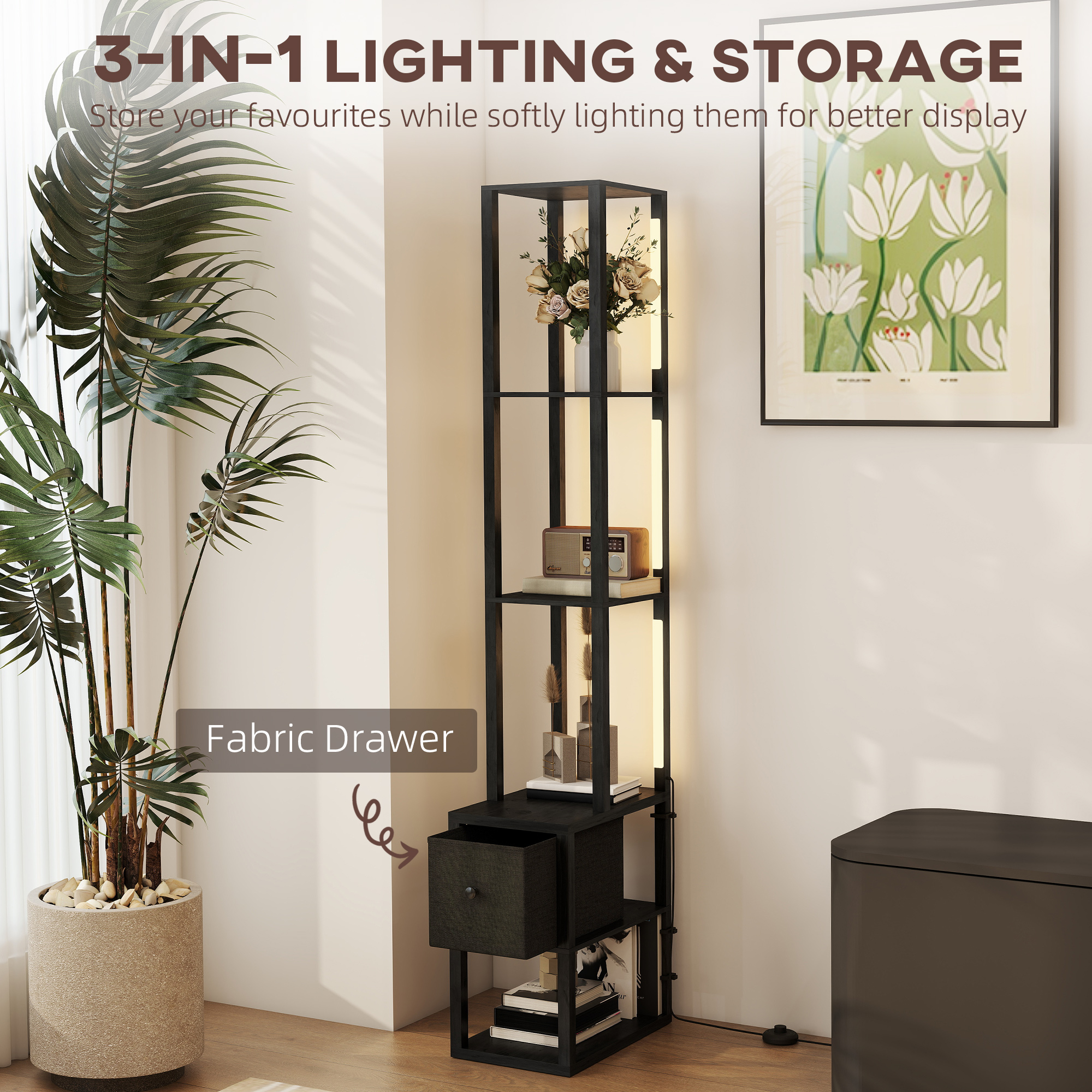 HOMCOM Floor Lamp with Shelves, LED Column Modern Standing Lamp with Fabric Drawer, Adjustable Brightness, Foot Switch for Living Room, Bedroom, Office, Black 4