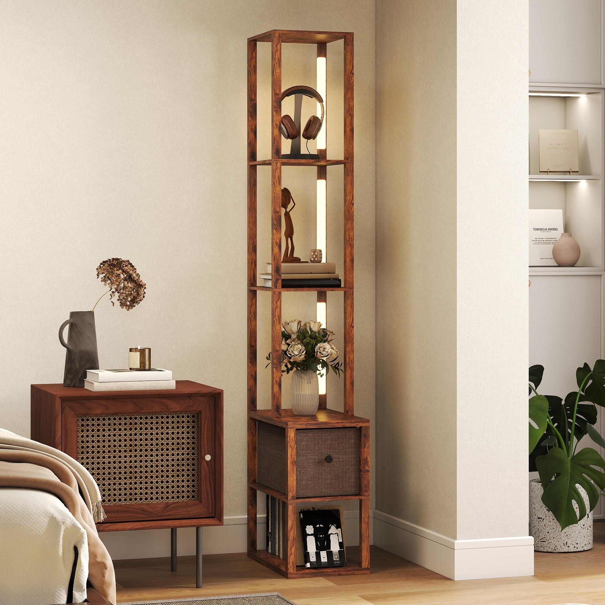 HOMCOM Floor Lamp with Shelves, LED Column Modern Standing Lamp with Fabric Drawer, Adjustable Brightness, Foot Switch for Living Room, Bedroom, Office, Rustic Brown 2